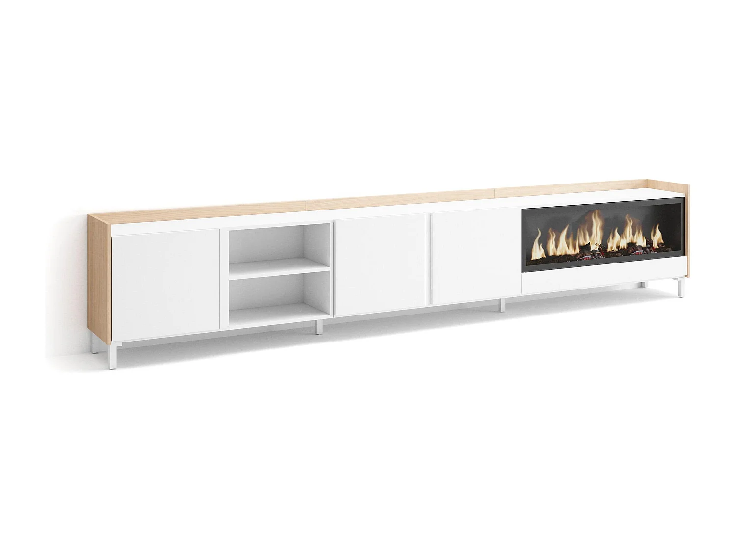 TV-Schrank, Lowboard, 315x61x35 cm, Für TV-Geräte bis zu 80", Elektrokamin XXL, Industriedesign, Weiß und Eiche Soft