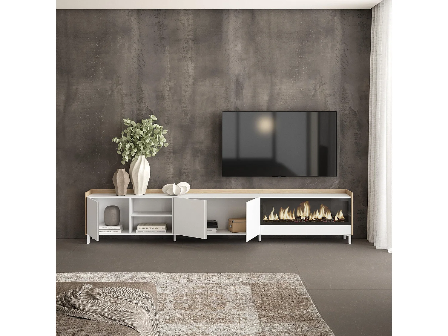 TV-Schrank, Lowboard, 315x61x35 cm, Für TV-Geräte bis zu 80", Elektrokamin XXL, Industriedesign, Weiß und Eiche Soft