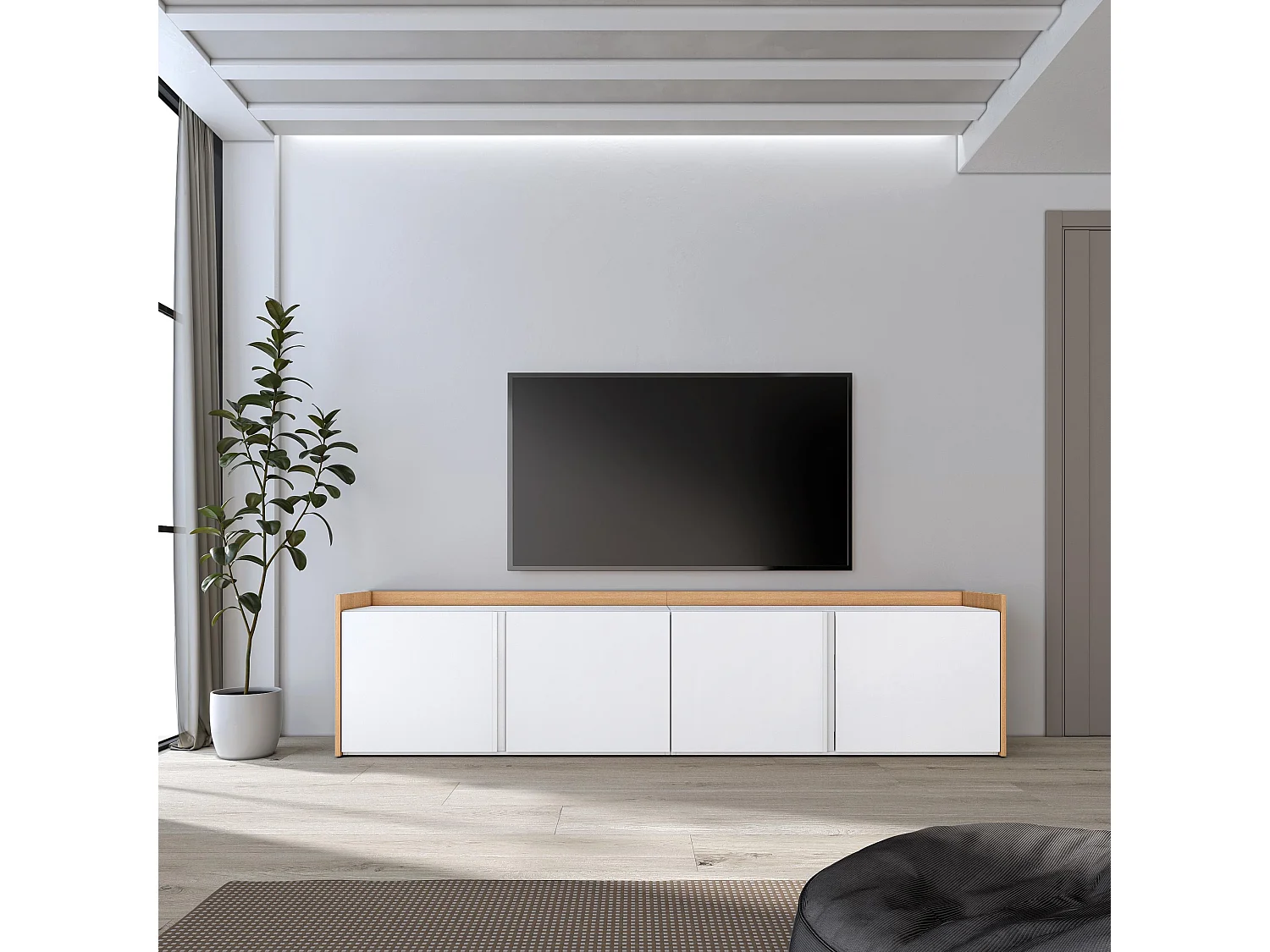 TV-Schrank, Lowboard, 207x50x35 cm, Für TV-Geräte bis zu 80", Fernsehtisch, Weiß und Eiche Soft