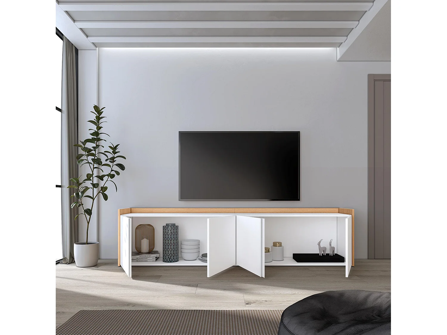 TV-Schrank, Lowboard, 207x50x35 cm, Für TV-Geräte bis zu 80", Fernsehtisch, Weiß und Eiche Soft