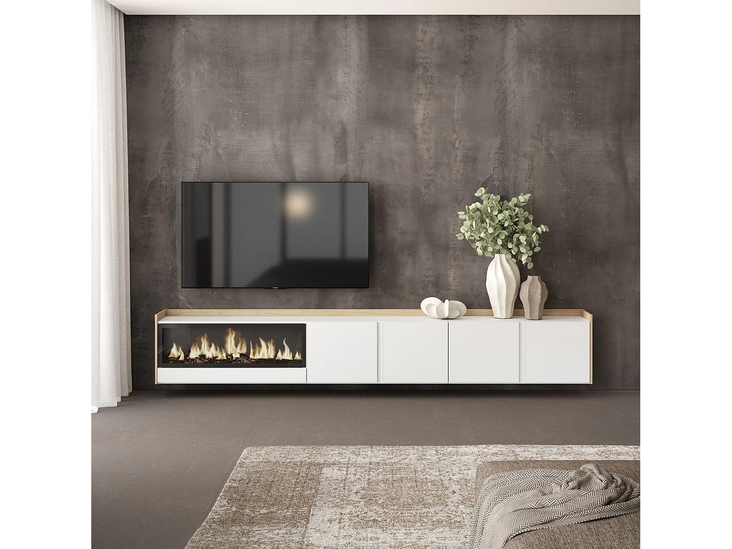 Móvel de TV, 315x50x35 cm, Para televisores até 80", Lareira eléctrica XXL, Suspensos, Branco e Carvalho soft