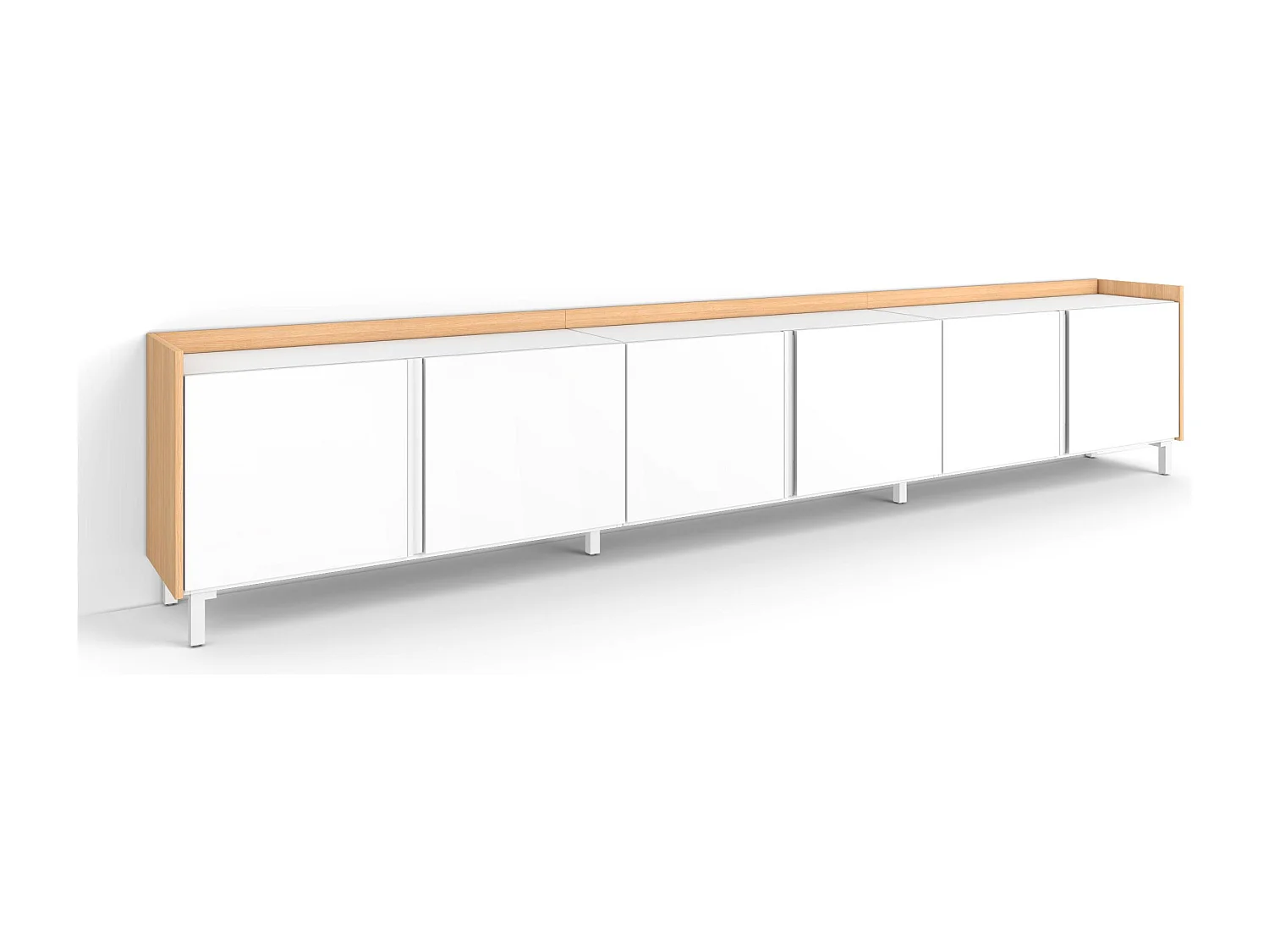 Mueble TV, Televisión, 309x61x35 cm, Para TV hasta 80", Diseño industrial, Blanco y roble soft