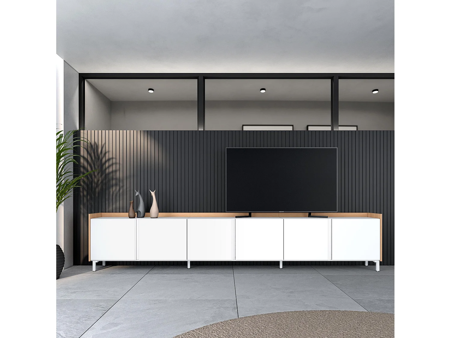 Mueble TV, Televisión, 309x61x35 cm, Para TV hasta 80", Diseño industrial, Blanco y roble soft
