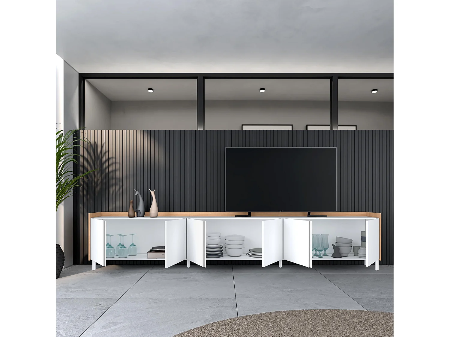 Mueble TV, Televisión, 309x61x35 cm, Para TV hasta 80", Diseño industrial, Blanco y roble soft