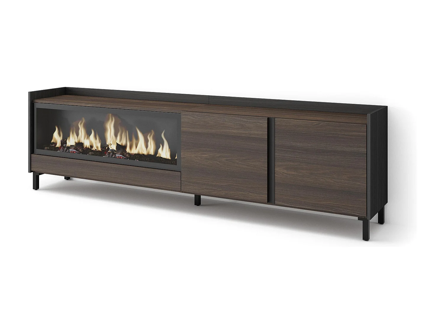 Mueble TV, Televisión, 212x61x35 cm, Para TV hasta 80", Chimenea eléctrica XXL, Diseño industrial, Roble oscuro y Negro