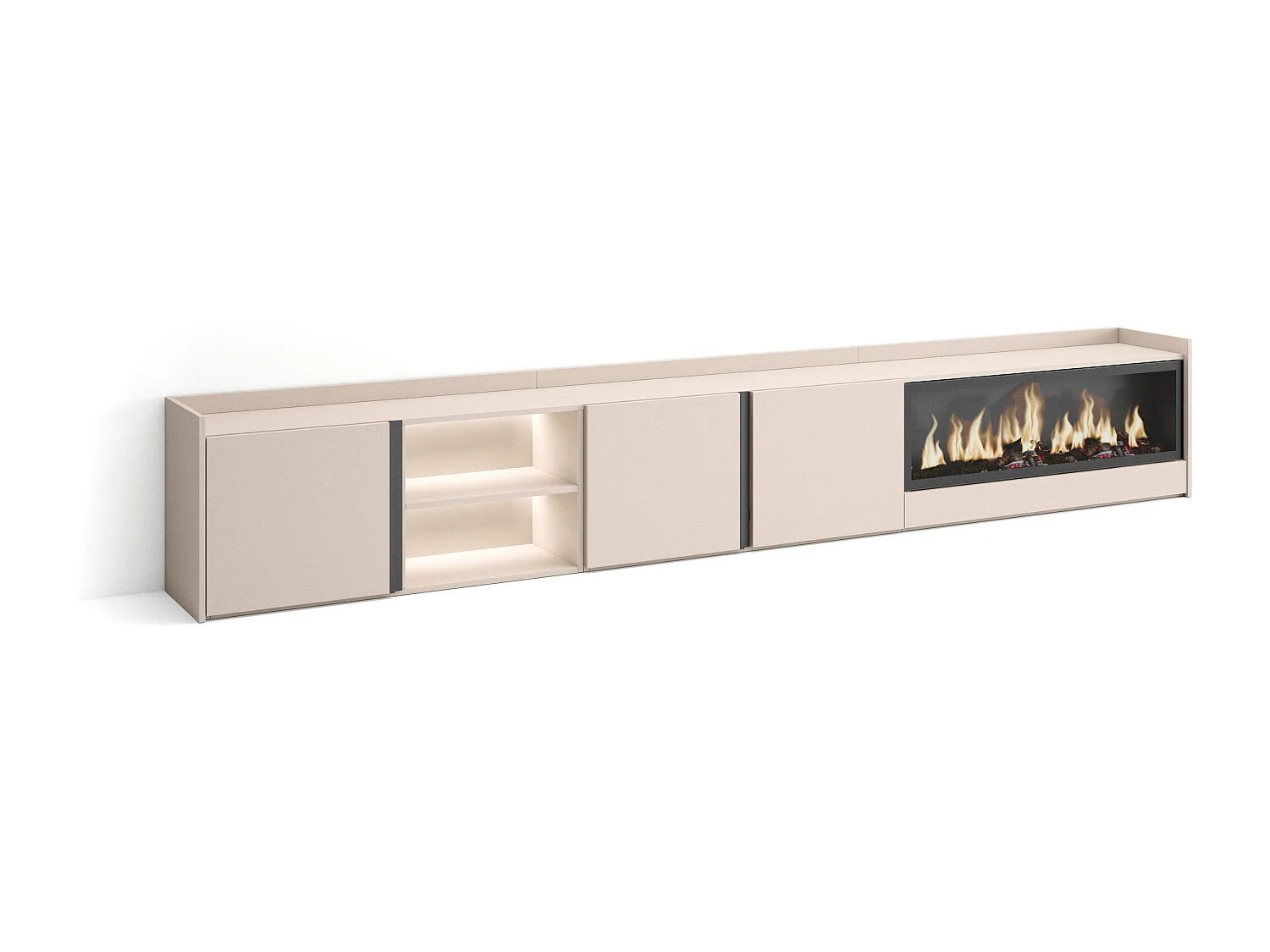 TV-Schrank, Lowboard, 315x50x35 cm, Für TV-Geräte bis zu 80", Elektrokamin XXL, LED, Beige