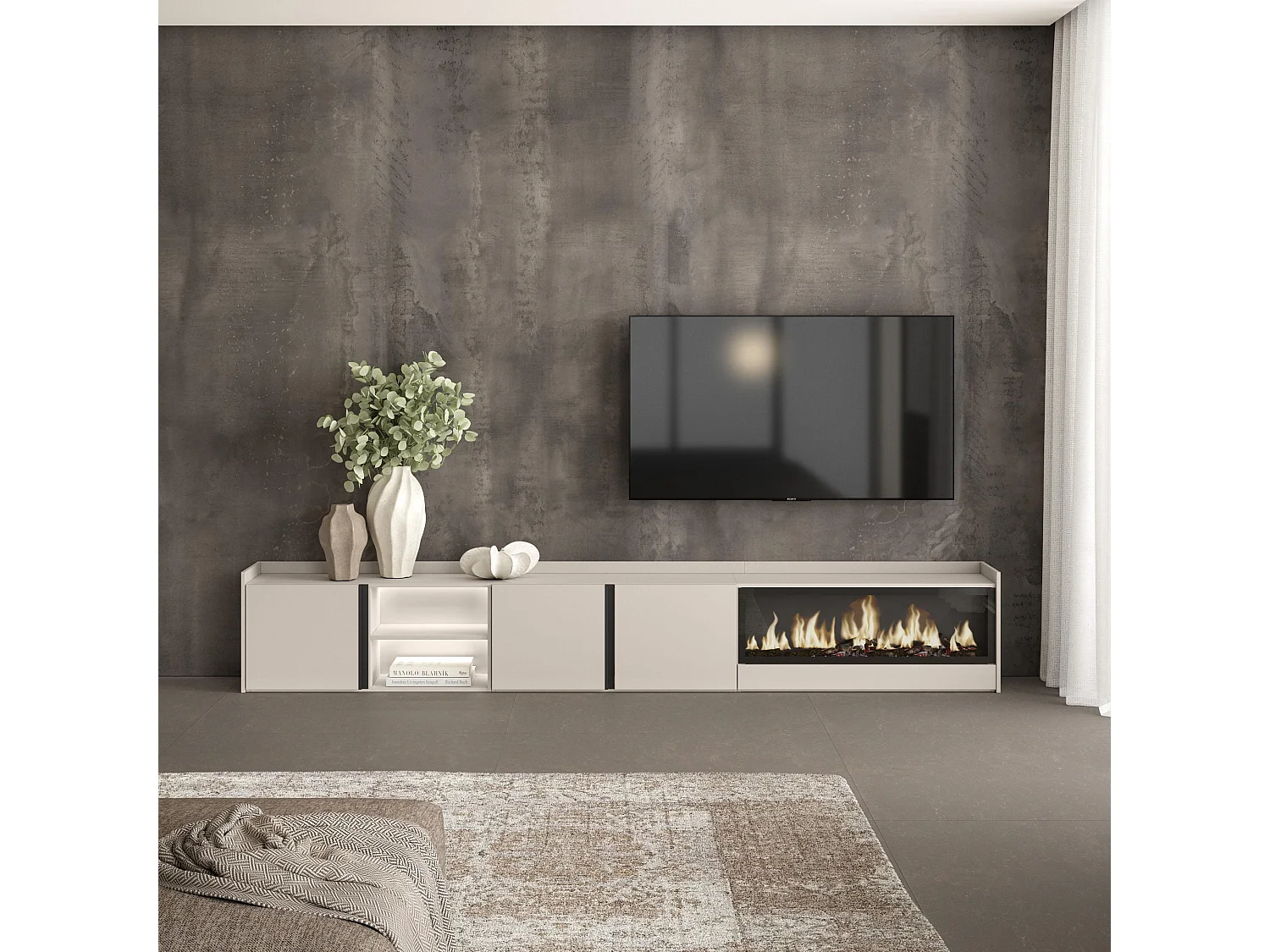 TV-Schrank, Lowboard, 315x50x35 cm, Für TV-Geräte bis zu 80", Elektrokamin XXL, LED, Beige