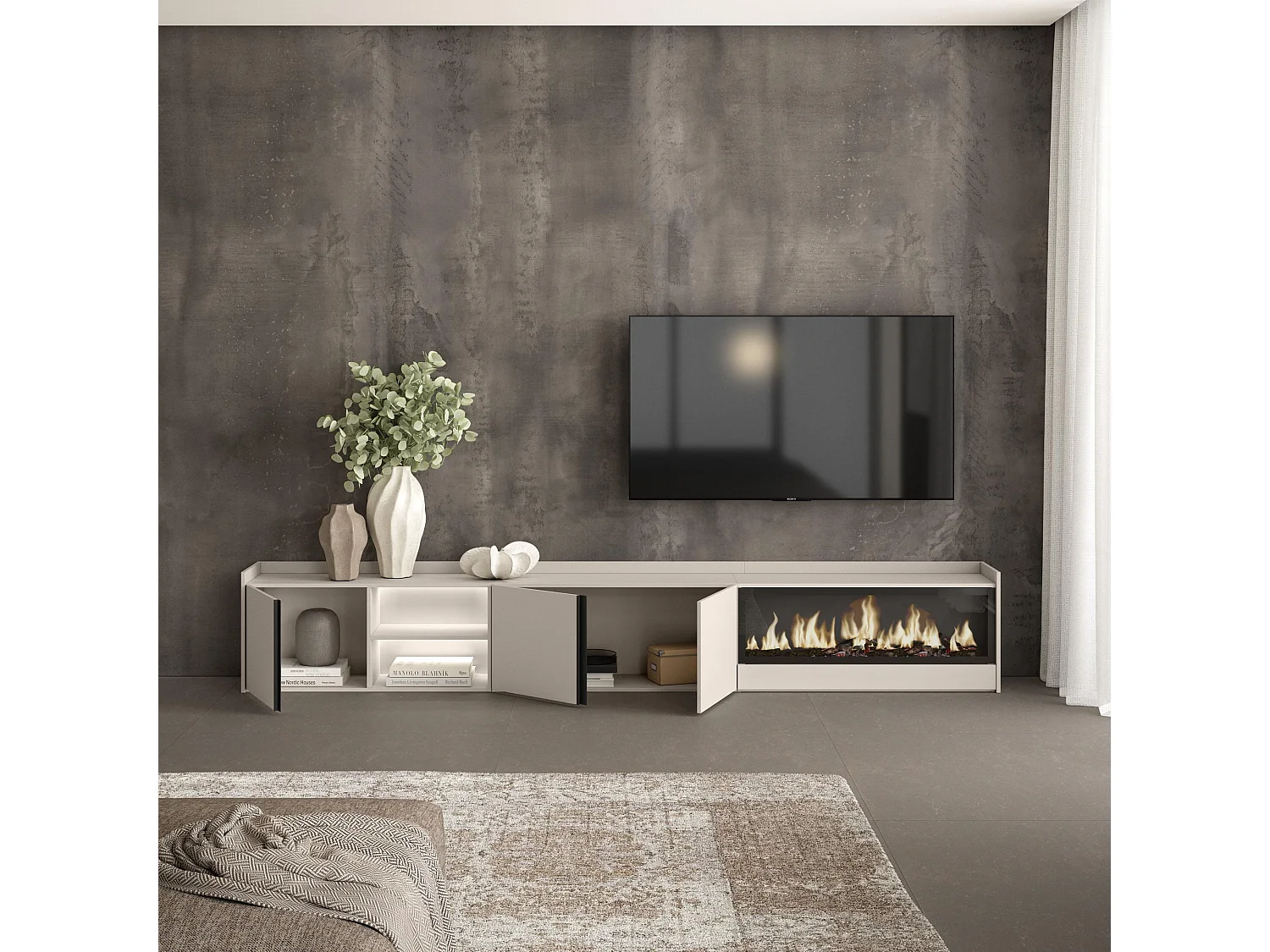 TV-Schrank, Lowboard, 315x50x35 cm, Für TV-Geräte bis zu 80", Elektrokamin XXL, LED, Beige