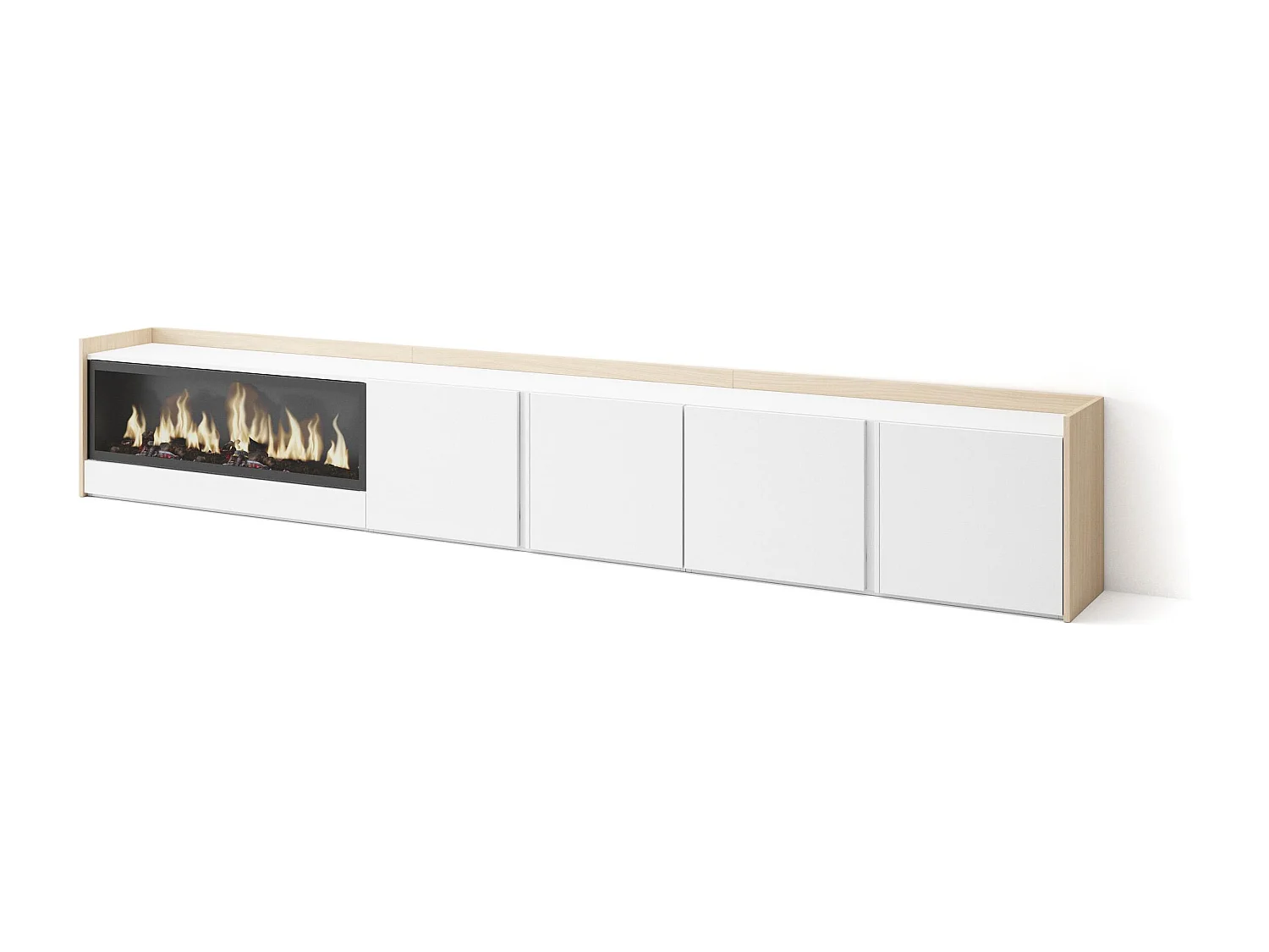 TV-Schrank - Lowboard - 315x50x35cm - Für TV-Geräte bis zu 80" - Elektrokamin XXL - Weiß und Eiche Soft