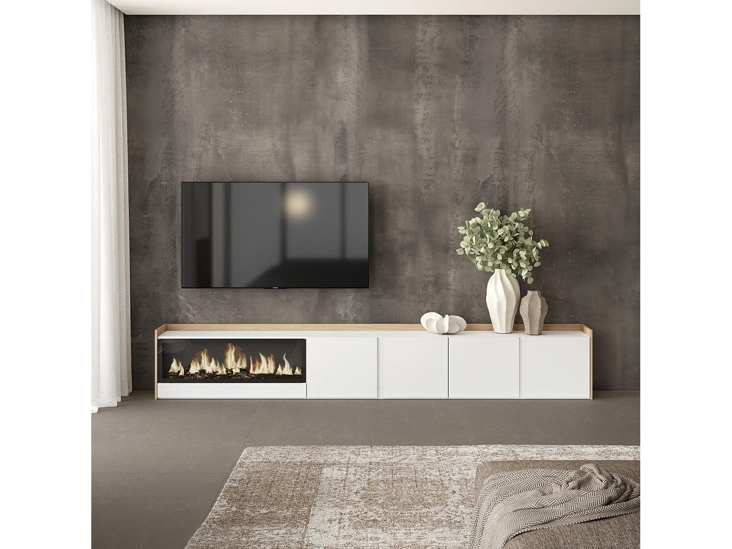 TV-Schrank - Lowboard - 315x50x35cm - Für TV-Geräte bis zu 80" - Elektrokamin XXL - Weiß und Eiche Soft