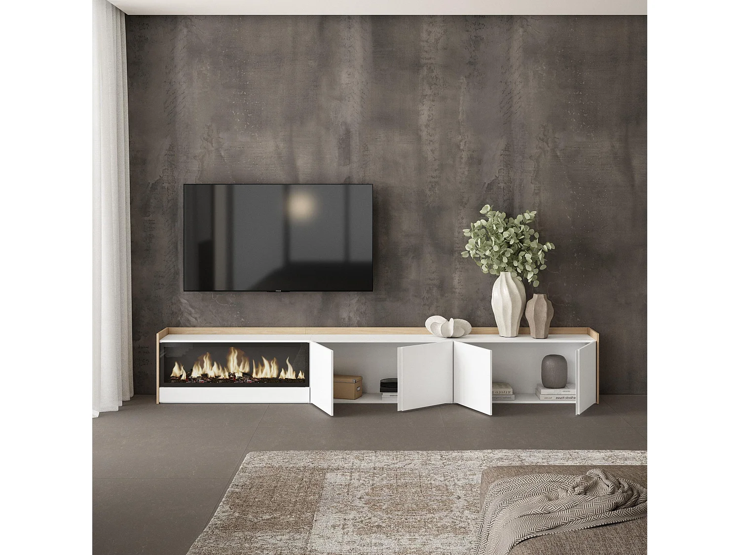 TV-Schrank - Lowboard - 315x50x35cm - Für TV-Geräte bis zu 80" - Elektrokamin XXL - Weiß und Eiche Soft