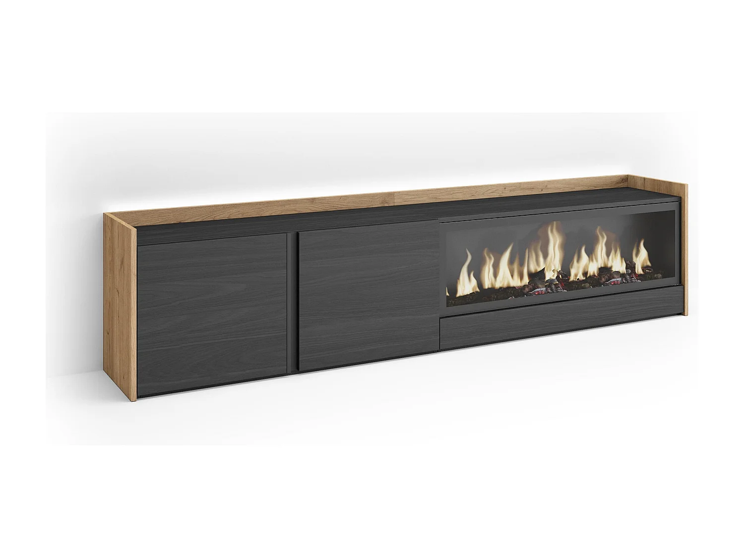 TV-Schrank, Lowboard, 212x50x35 cm, Für TV-Geräte bis zu 80", Elektrokamin XXL, LED, Schwarz Eiche