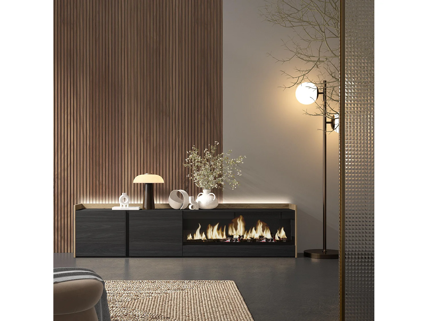 TV-Schrank, Lowboard, 212x50x35 cm, Für TV-Geräte bis zu 80", Elektrokamin XXL, LED, Schwarz Eiche