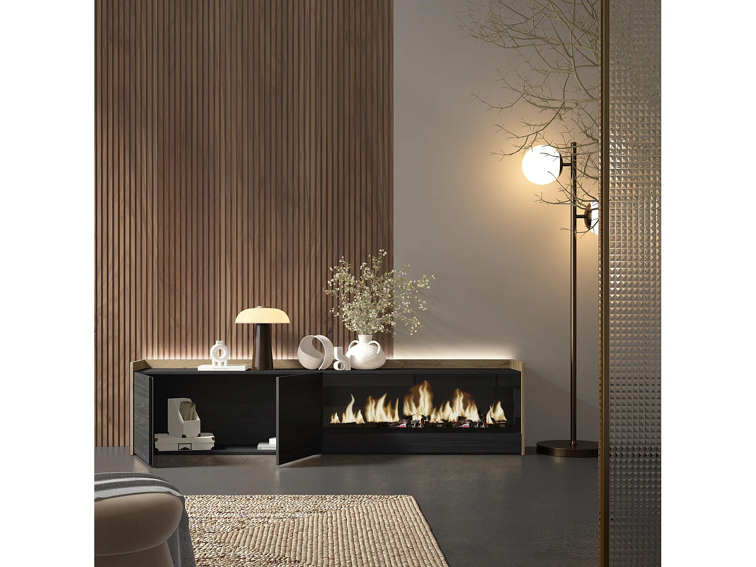 TV-Schrank, Lowboard, 212x50x35 cm, Für TV-Geräte bis zu 80", Elektrokamin XXL, LED, Schwarz Eiche