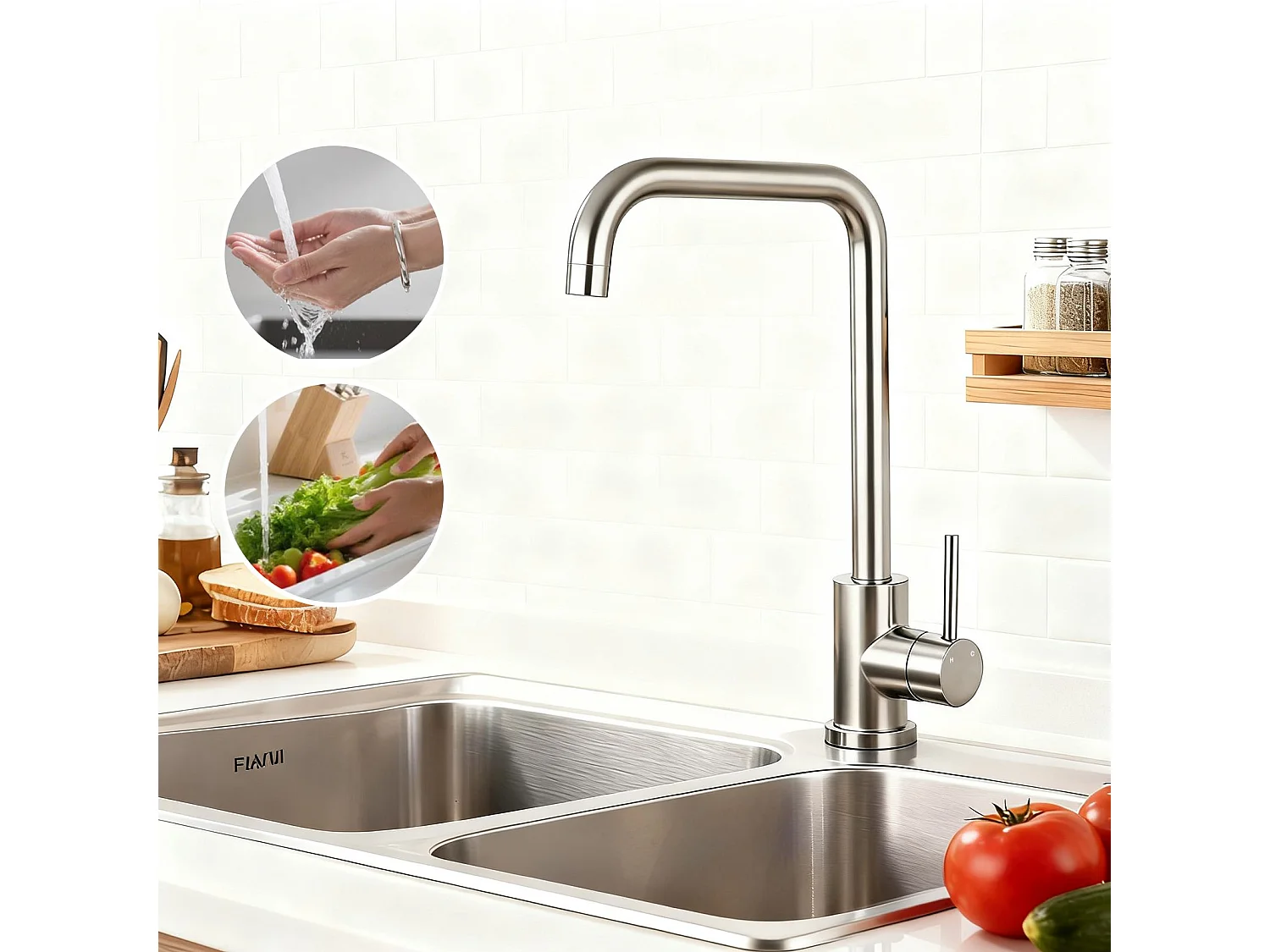 Robinet de Cuisine Brossé Économe en Eau Rotatif à 360°, Design Résistant à la Haute Pression Fabriqué en Acier Inoxydable 304