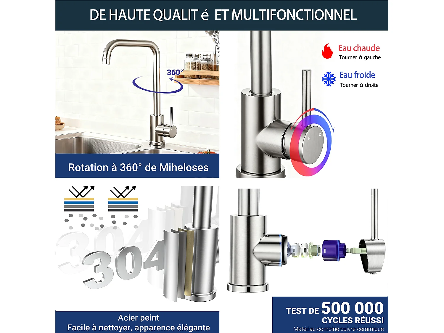 Robinet de Cuisine Brossé Économe en Eau Rotatif à 360°, Design Résistant à la Haute Pression Fabriqué en Acier Inoxydable 304