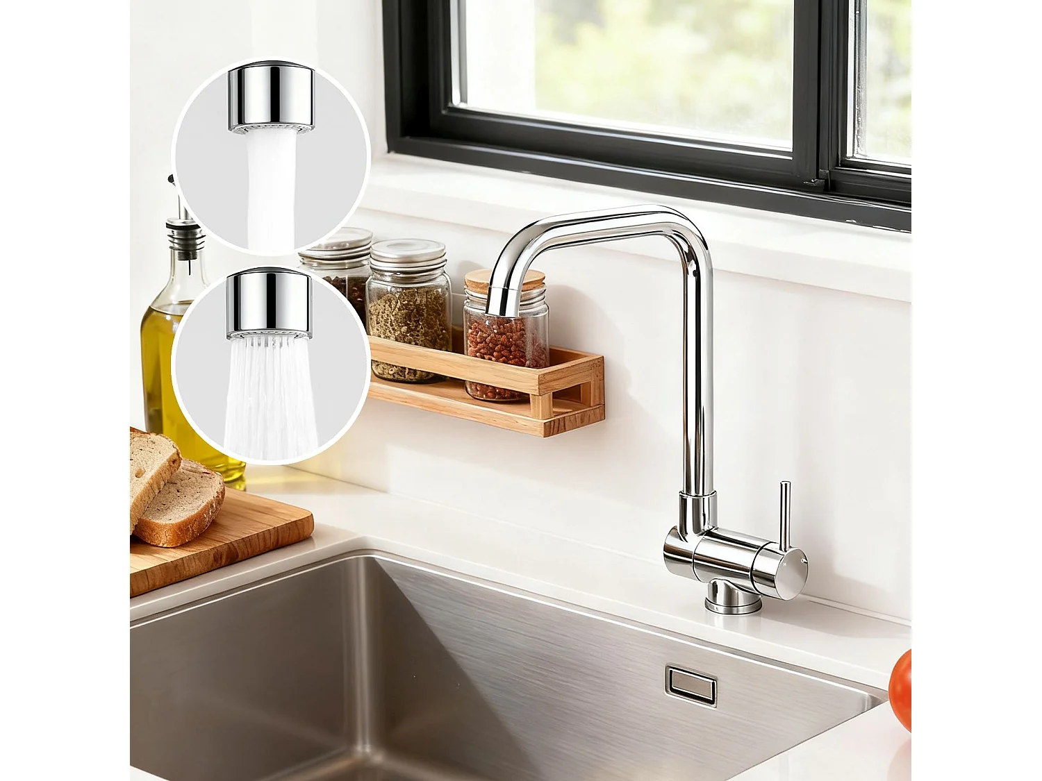 Robinet de Cuisine Chromé à Double Fonction Rotatif à 360° et Inclinable en Acier Inoxydable 304 avec Soupape en Céramique