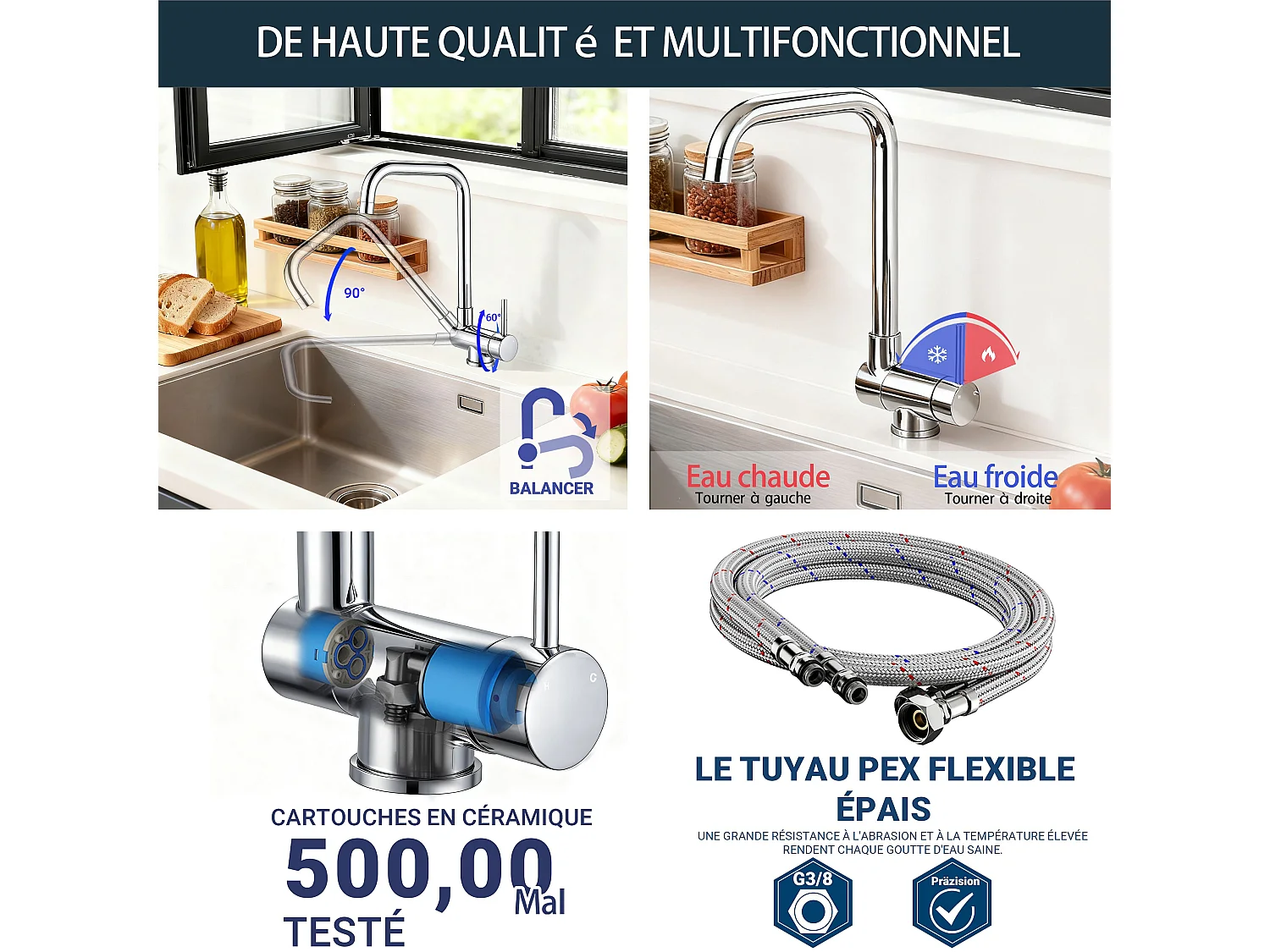 Robinet de Cuisine Chromé à Double Fonction Rotatif à 360° et Inclinable en Acier Inoxydable 304 avec Soupape en Céramique