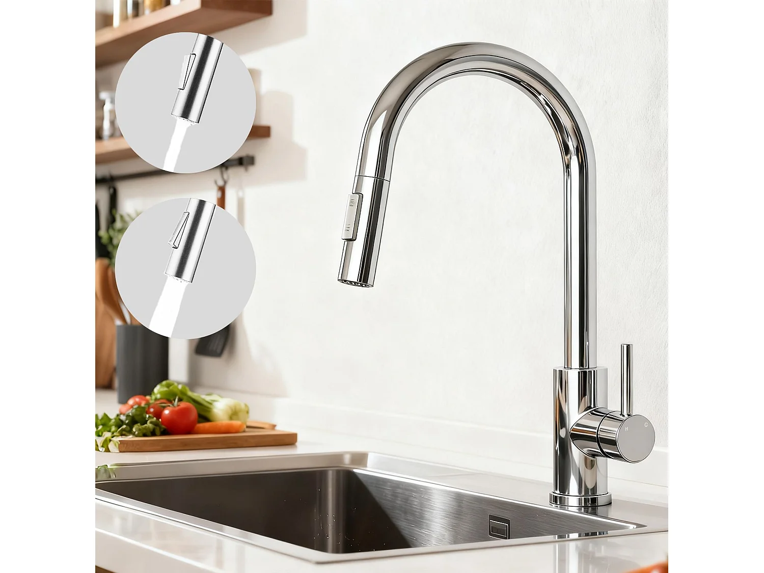 Robinet de Cuisine à Douche Colonne 2 Modes Débit Eau Extractible 360° Rotatif Monocommande Finition Chromée
