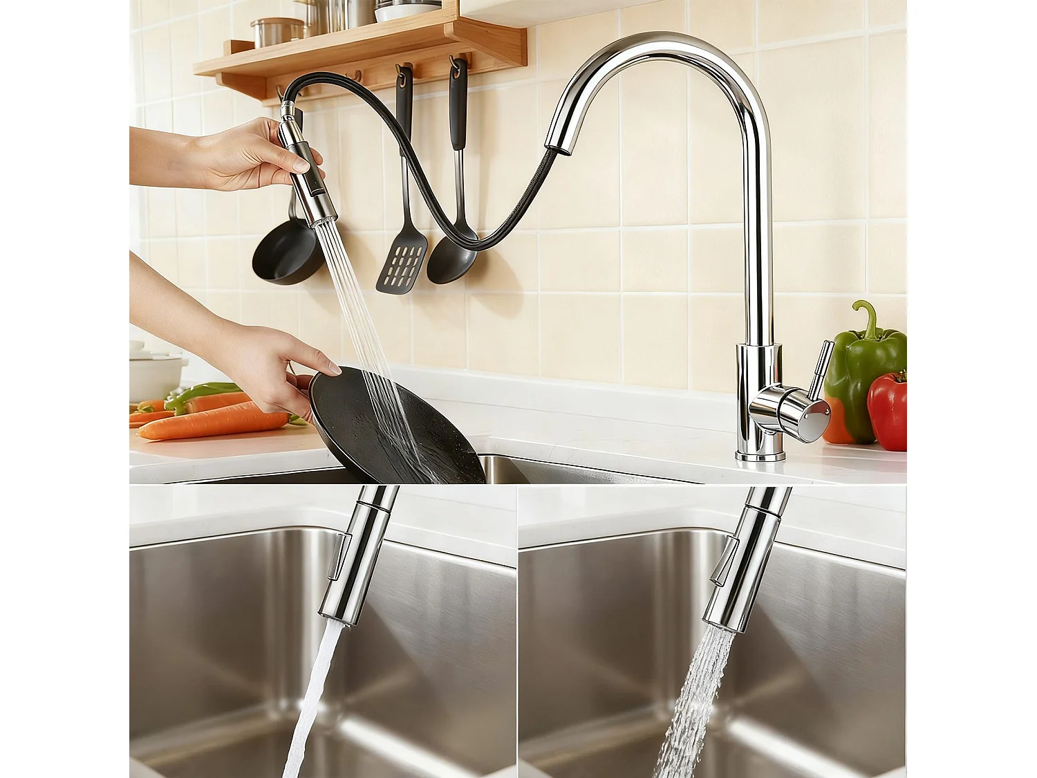 Robinet de Cuisine à Douche Colonne 2 Modes Débit Eau Extractible 360° Rotatif Monocommande Finition Chromée