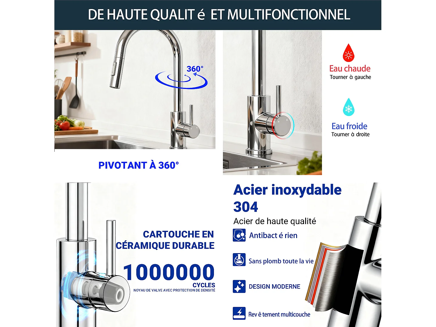 Robinet de Cuisine à Douche Colonne 2 Modes Débit Eau Extractible 360° Rotatif Monocommande Finition Chromée