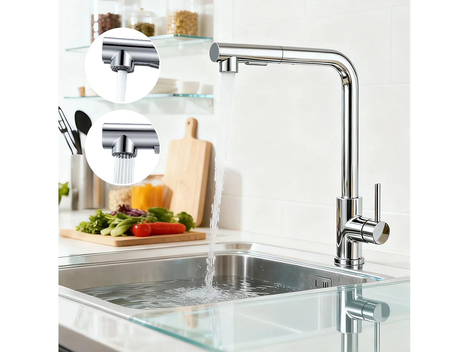 Robinet de Cuisine Haute Pression 304 Inox Douche Extractible 360° 2 Fonctions Spray Finition Chromée