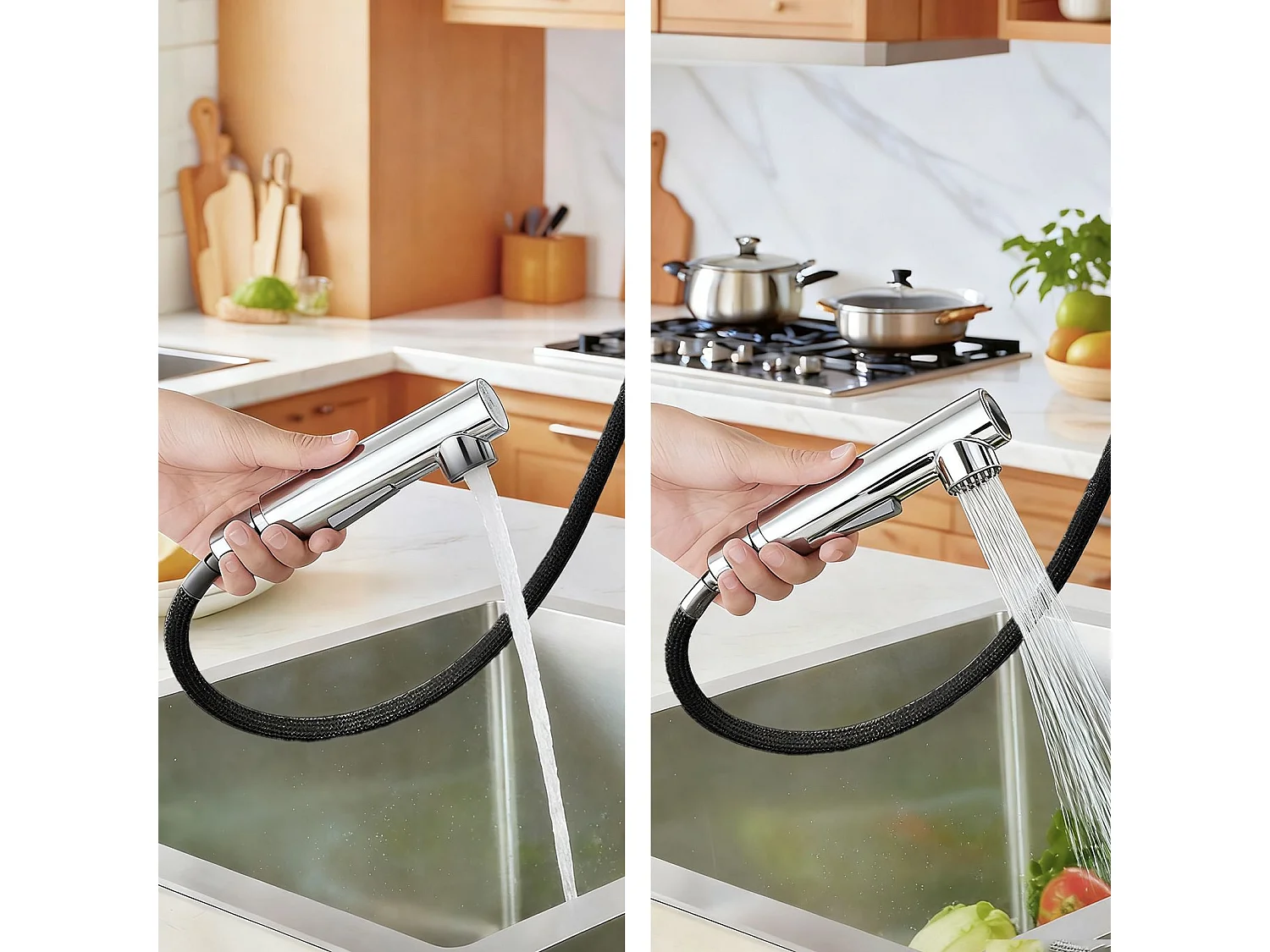 Robinet de Cuisine Haute Pression 304 Inox Douche Extractible 360° 2 Fonctions Spray Finition Chromée