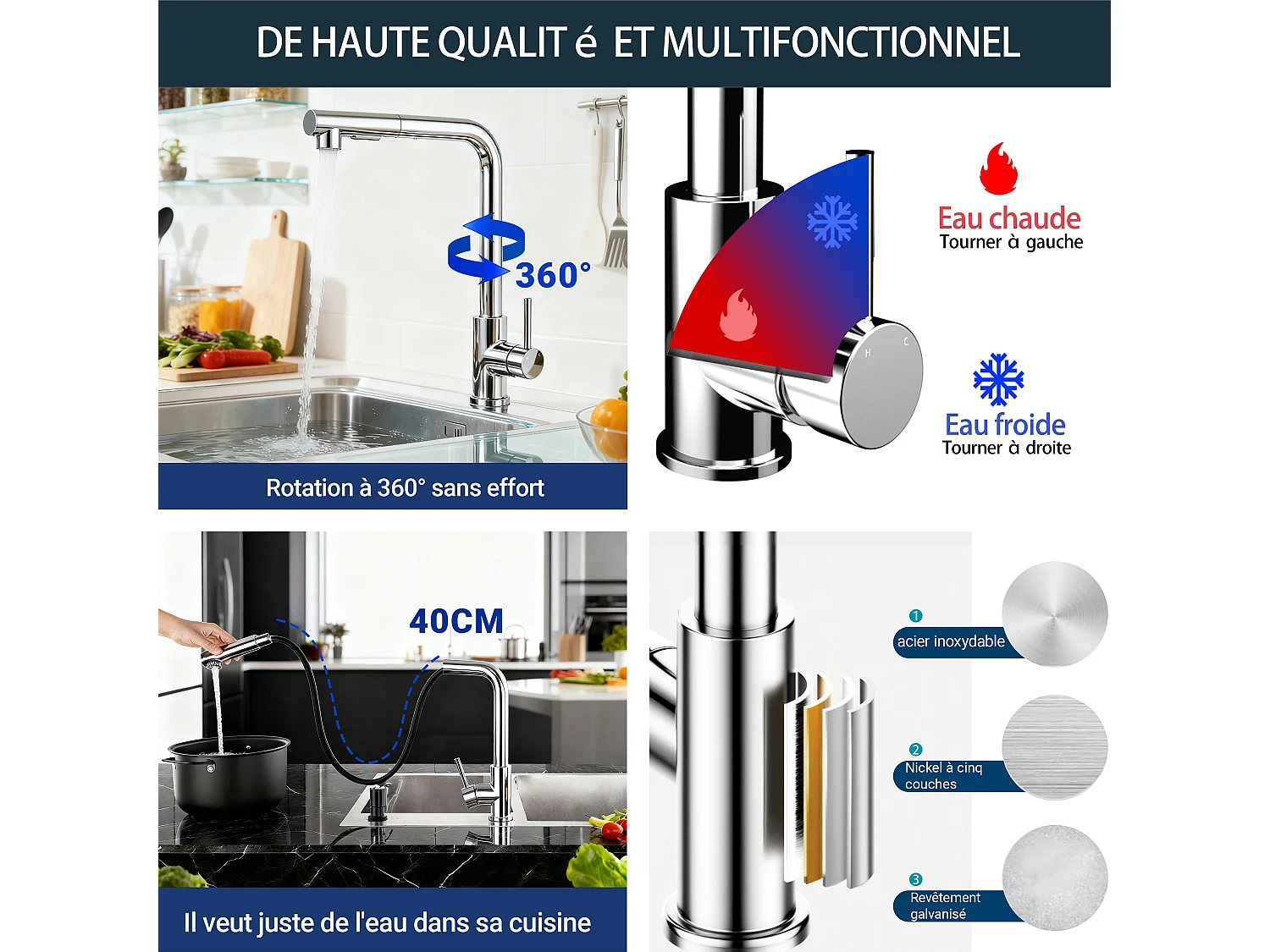 Robinet de Cuisine Haute Pression 304 Inox Douche Extractible 360° 2 Fonctions Spray Finition Chromée