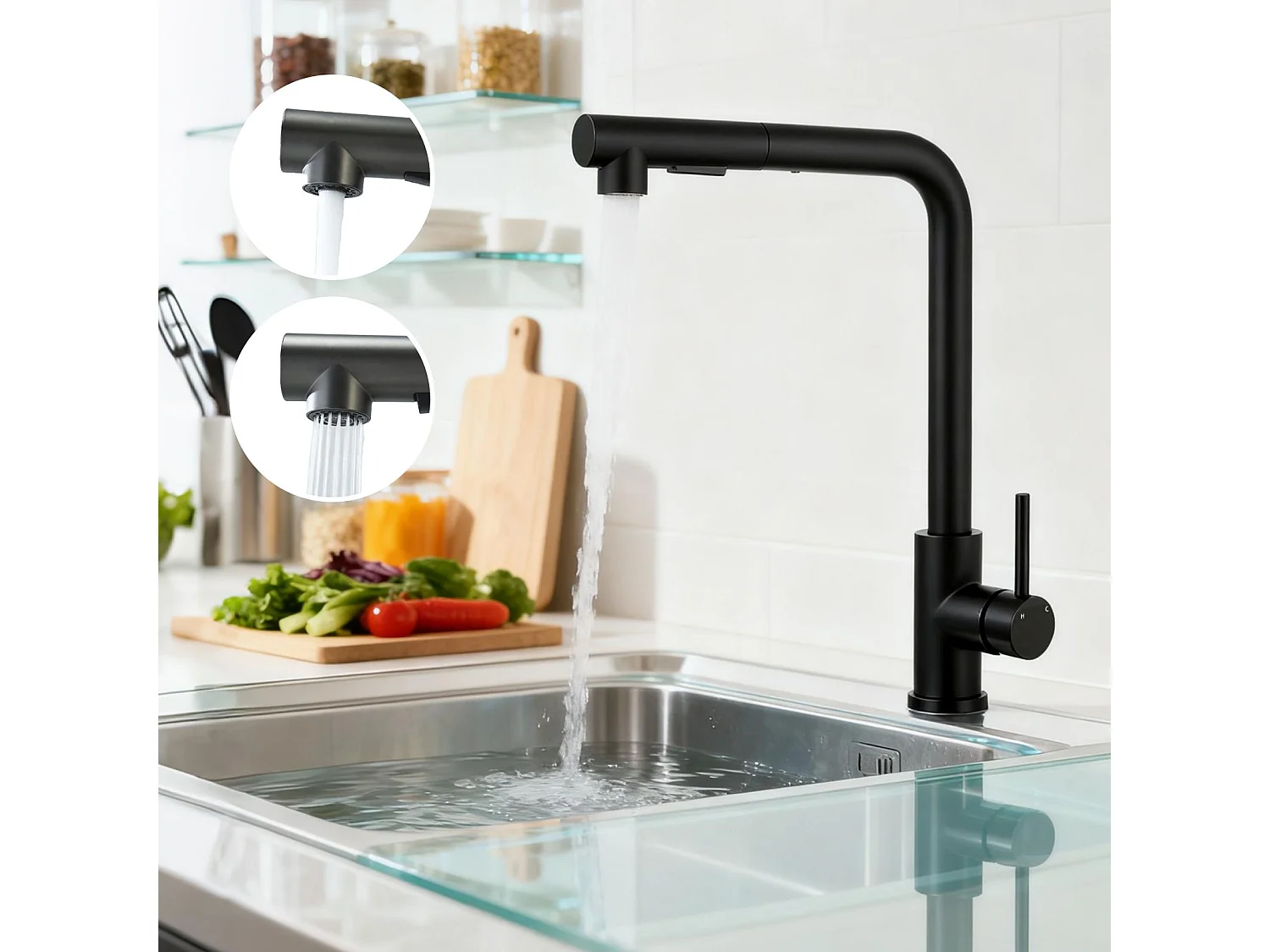 Robinet de Cuisine Haute Pression 304 Inox Douche Extractible 360° 2 Fonctions Spray Finition Noire Mate