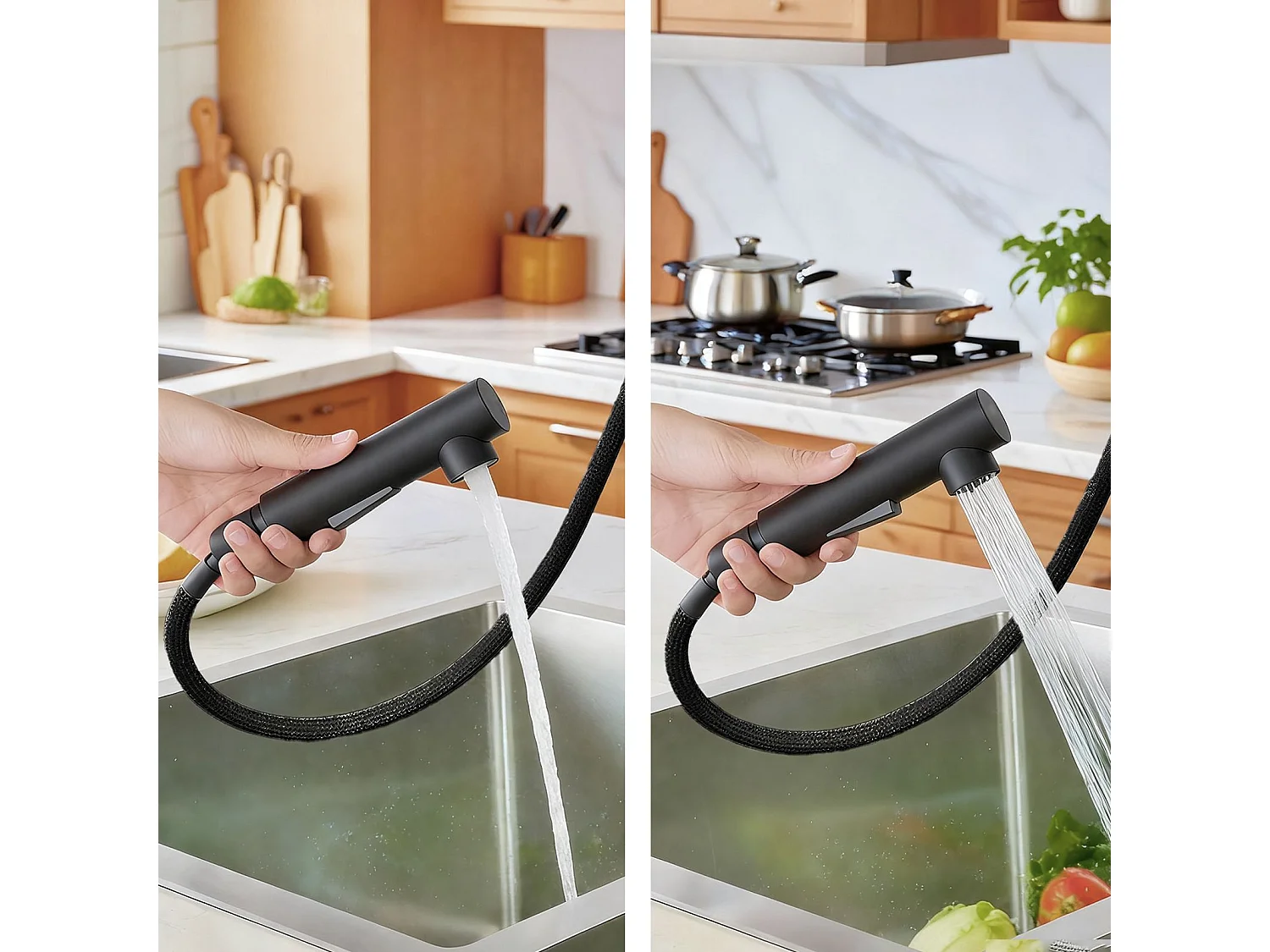 Robinet de Cuisine Haute Pression 304 Inox Douche Extractible 360° 2 Fonctions Spray Finition Noire Mate