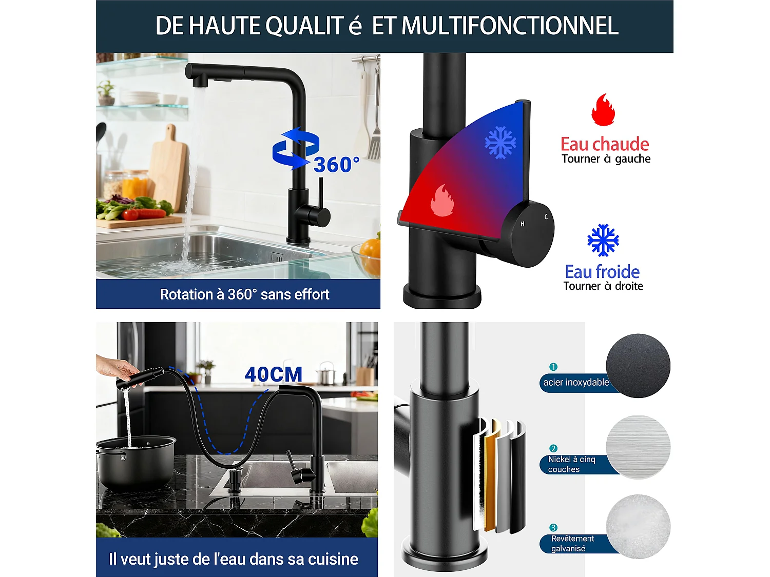 Robinet de Cuisine Haute Pression 304 Inox Douche Extractible 360° 2 Fonctions Spray Finition Noire Mate