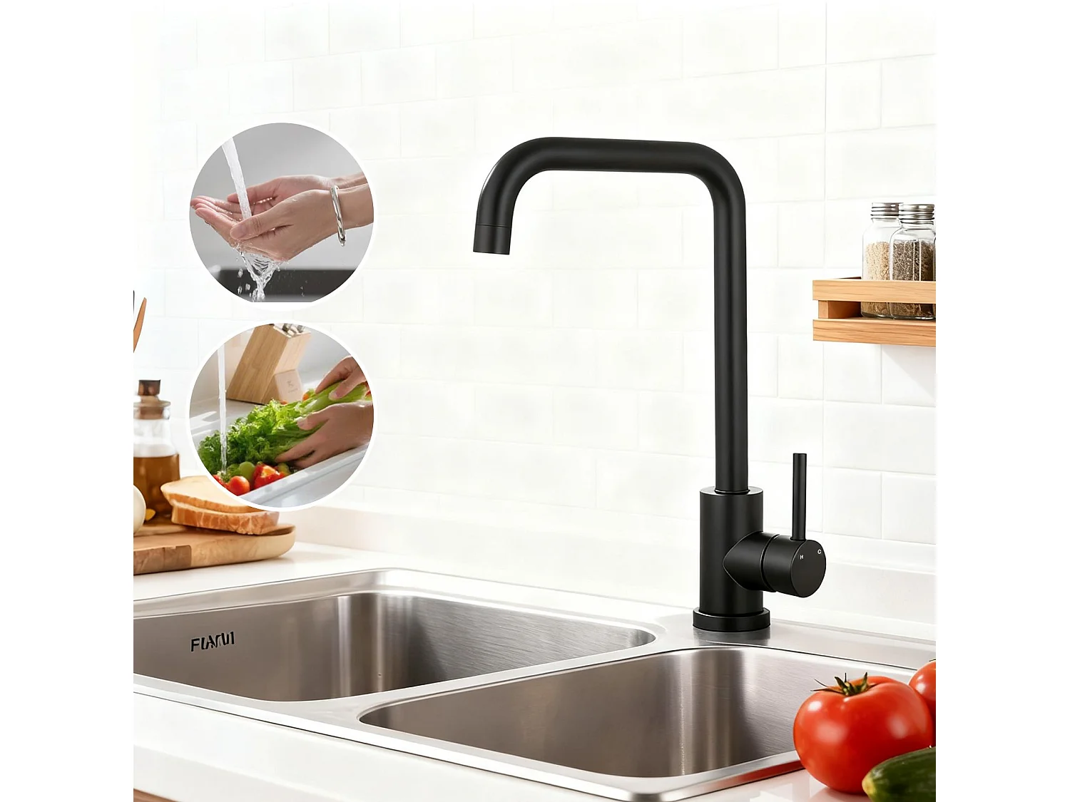 Robinet de Cuisine Noir Économe en Eau Rotatif à 360°, Design Résistant à la Haute Pression Fabriqué en Acier Inoxydable 304
