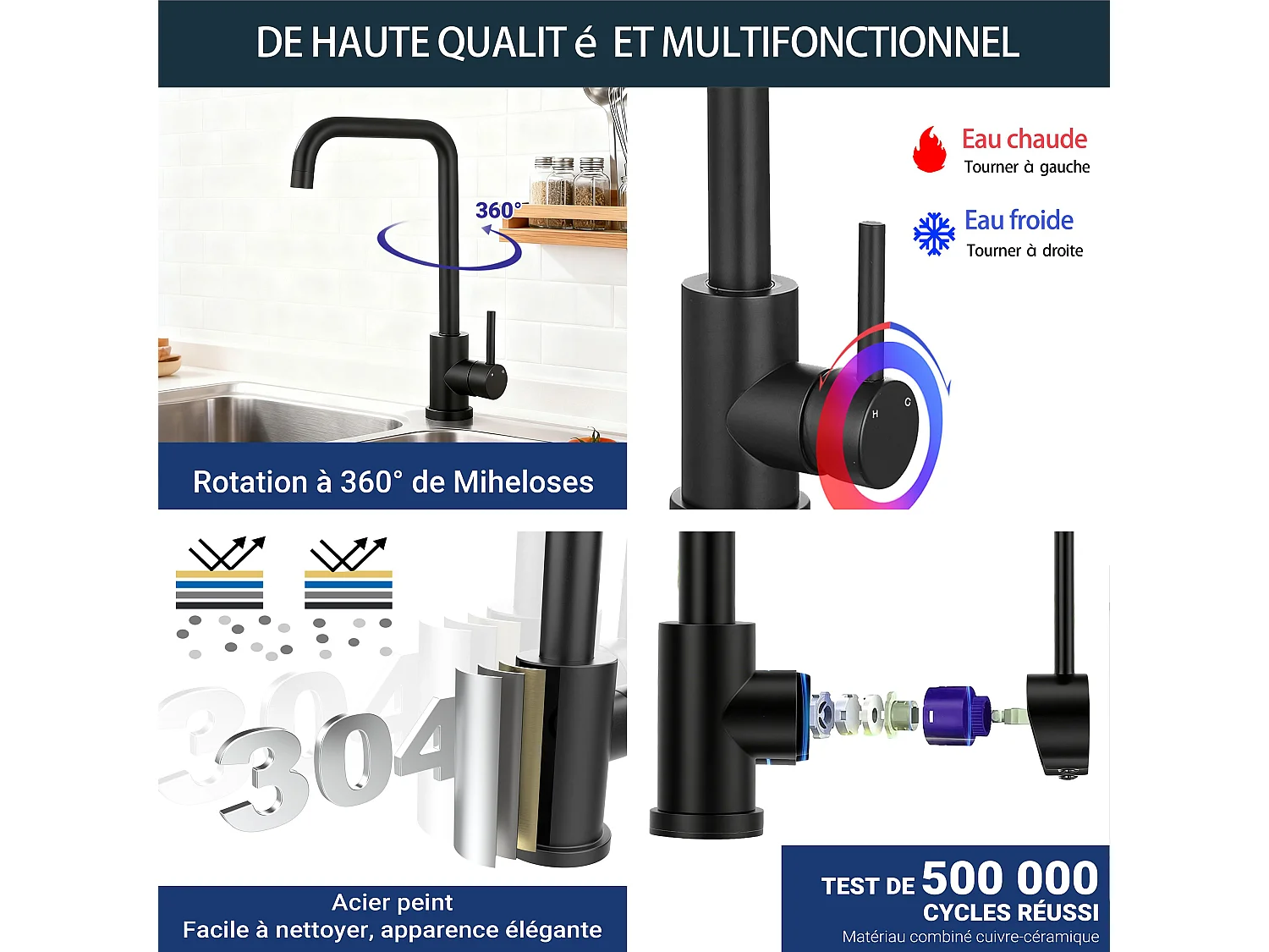 Robinet de Cuisine Noir Économe en Eau Rotatif à 360°, Design Résistant à la Haute Pression Fabriqué en Acier Inoxydable 304