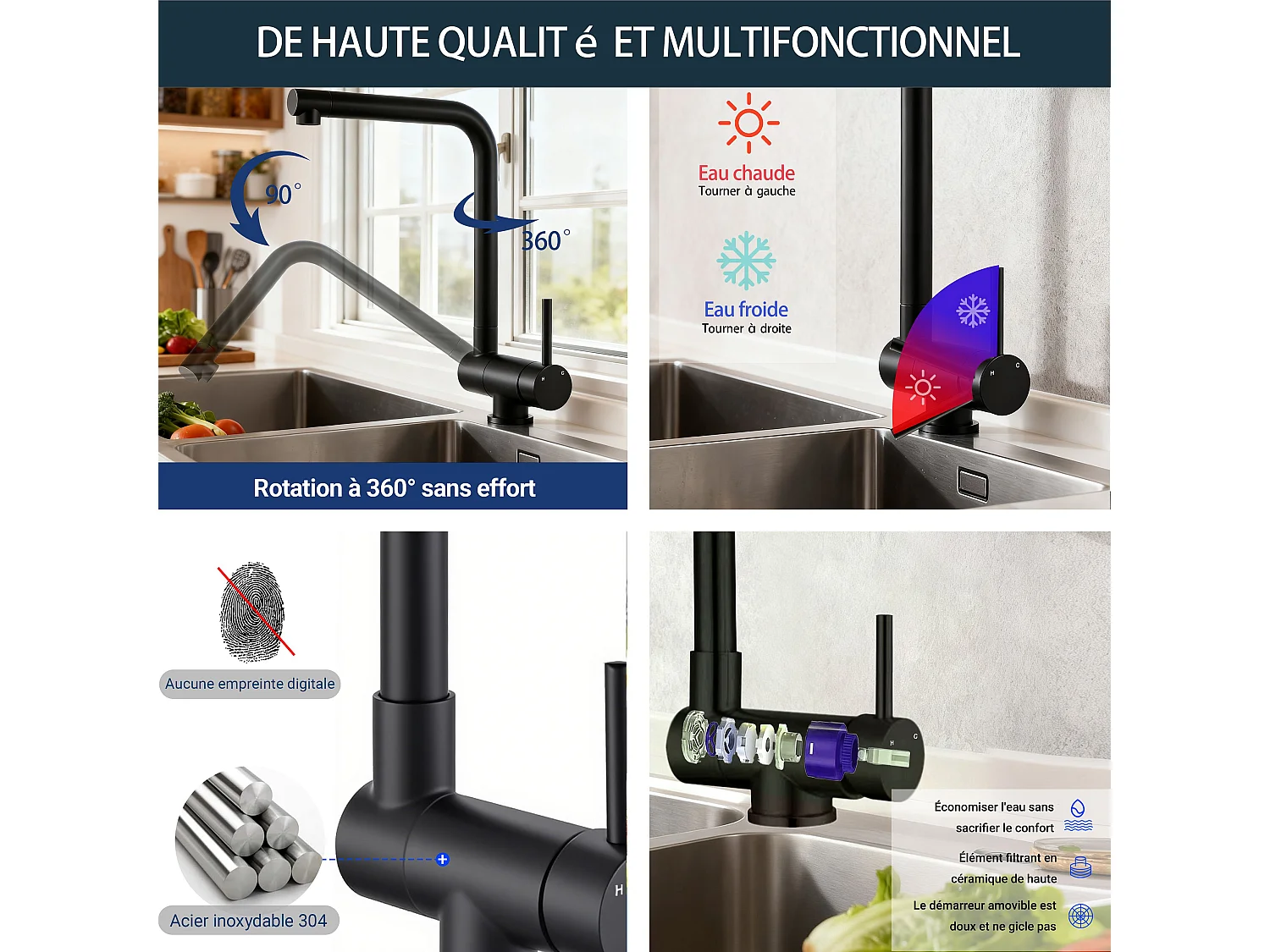 Robinet de Cuisine Noir Pliable Rotatif à 360°, en Acier Inoxydable 304 Résistant à la Haute Pression