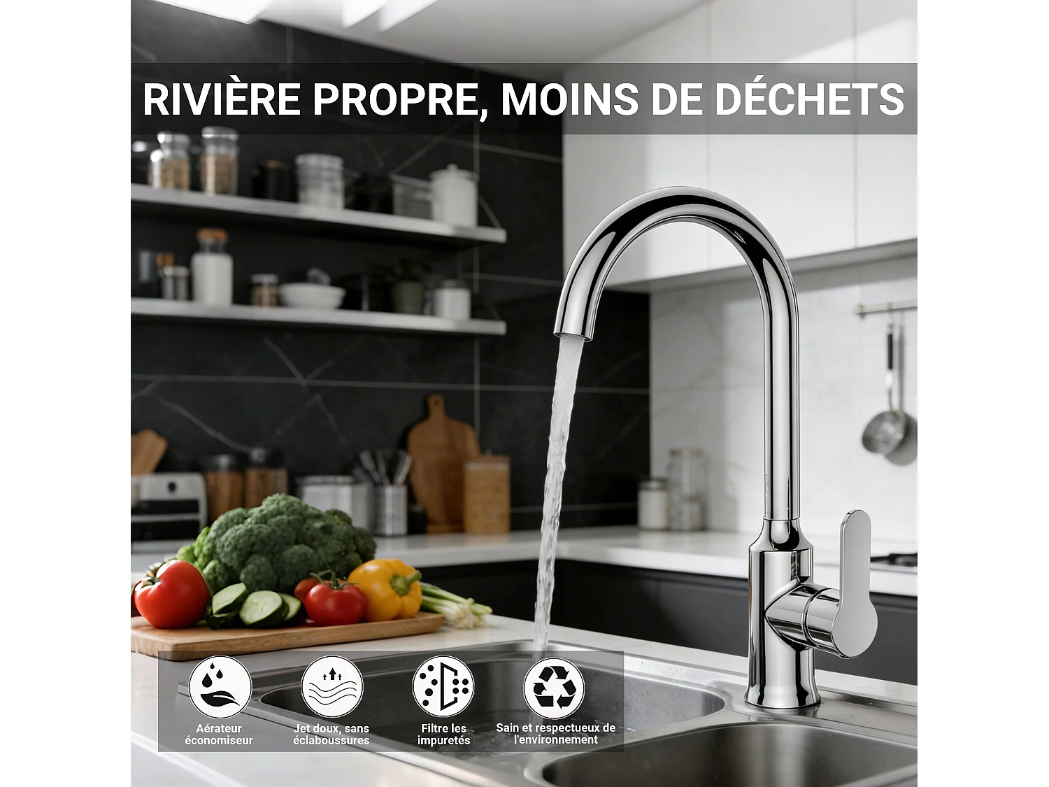 Robinet de cuisine en zinc alliage avec âme en laiton, mitigeur monocommande chromé, bec haut