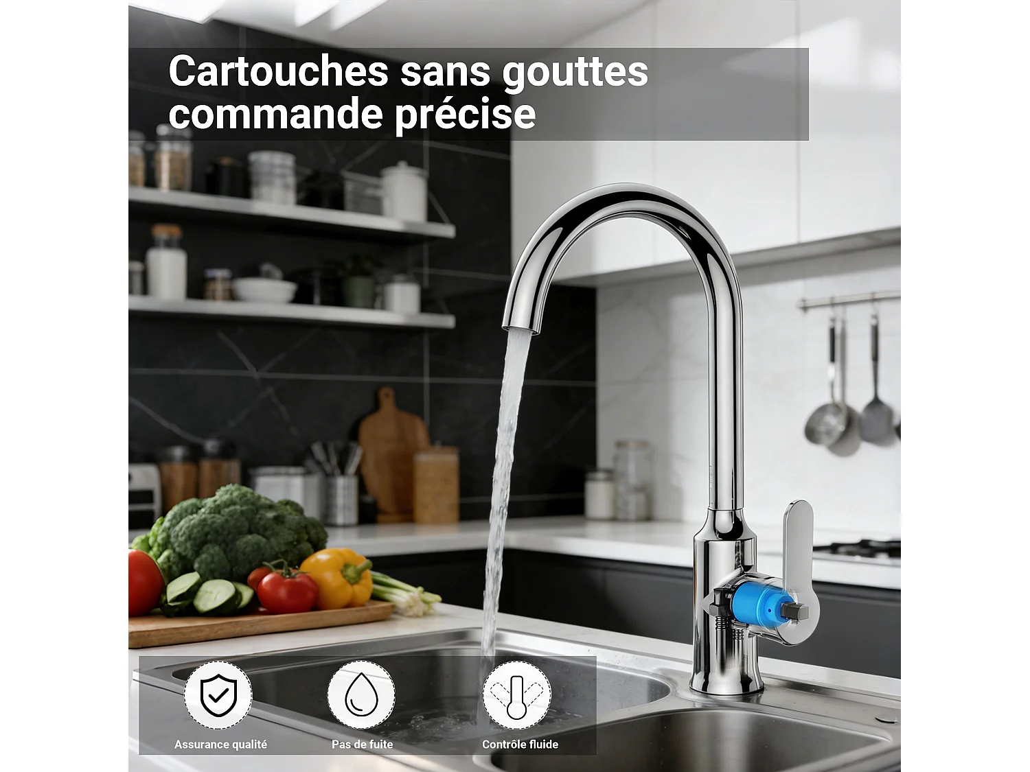 Robinet de cuisine en zinc alliage avec âme en laiton, mitigeur monocommande chromé, bec haut