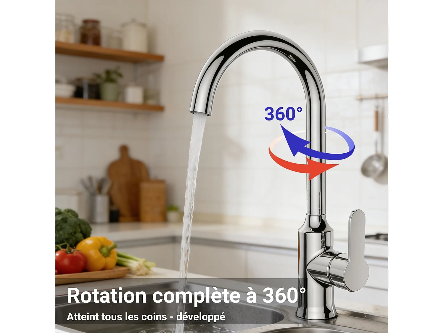 Robinet de cuisine en zinc alliage avec âme en laiton, mitigeur monocommande chromé, bec haut