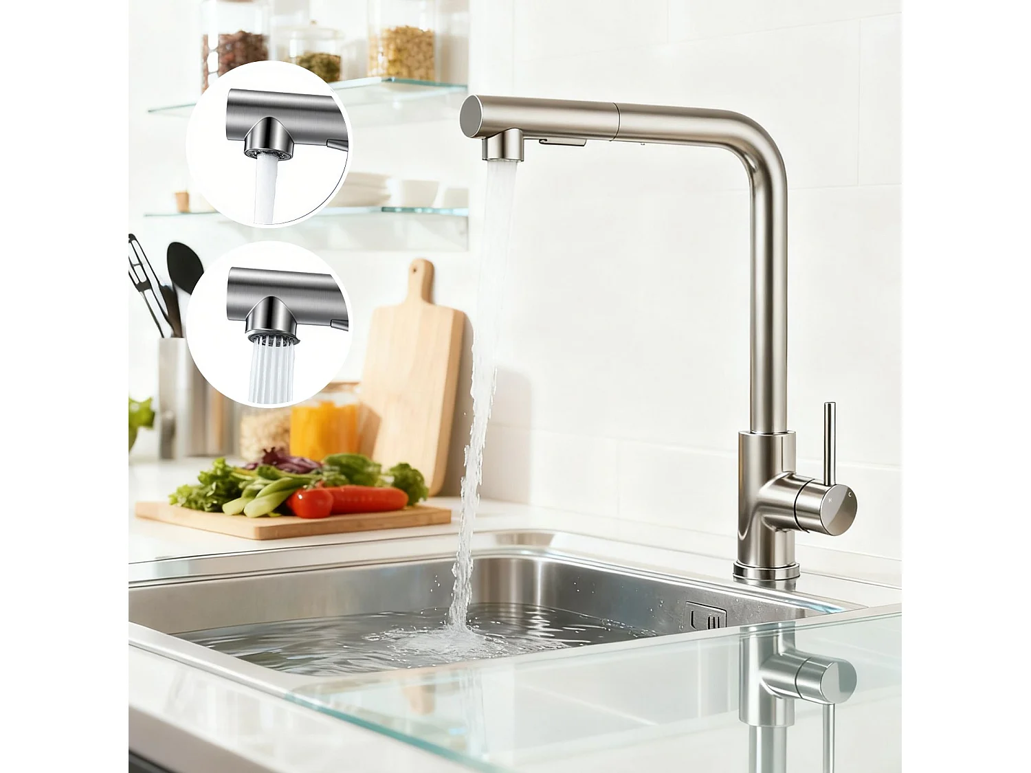 Robinet de Cuisine Haute Pression 304 Inox Douche Extractible 360° 2 Fonctions Spray Finition Brossée