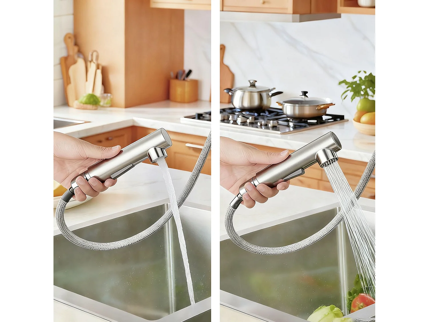 Robinet de Cuisine Haute Pression 304 Inox Douche Extractible 360° 2 Fonctions Spray Finition Brossée