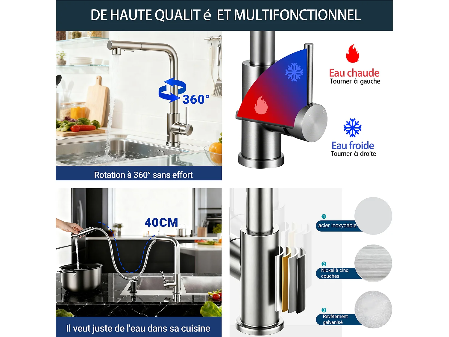 Robinet de Cuisine Haute Pression 304 Inox Douche Extractible 360° 2 Fonctions Spray Finition Brossée