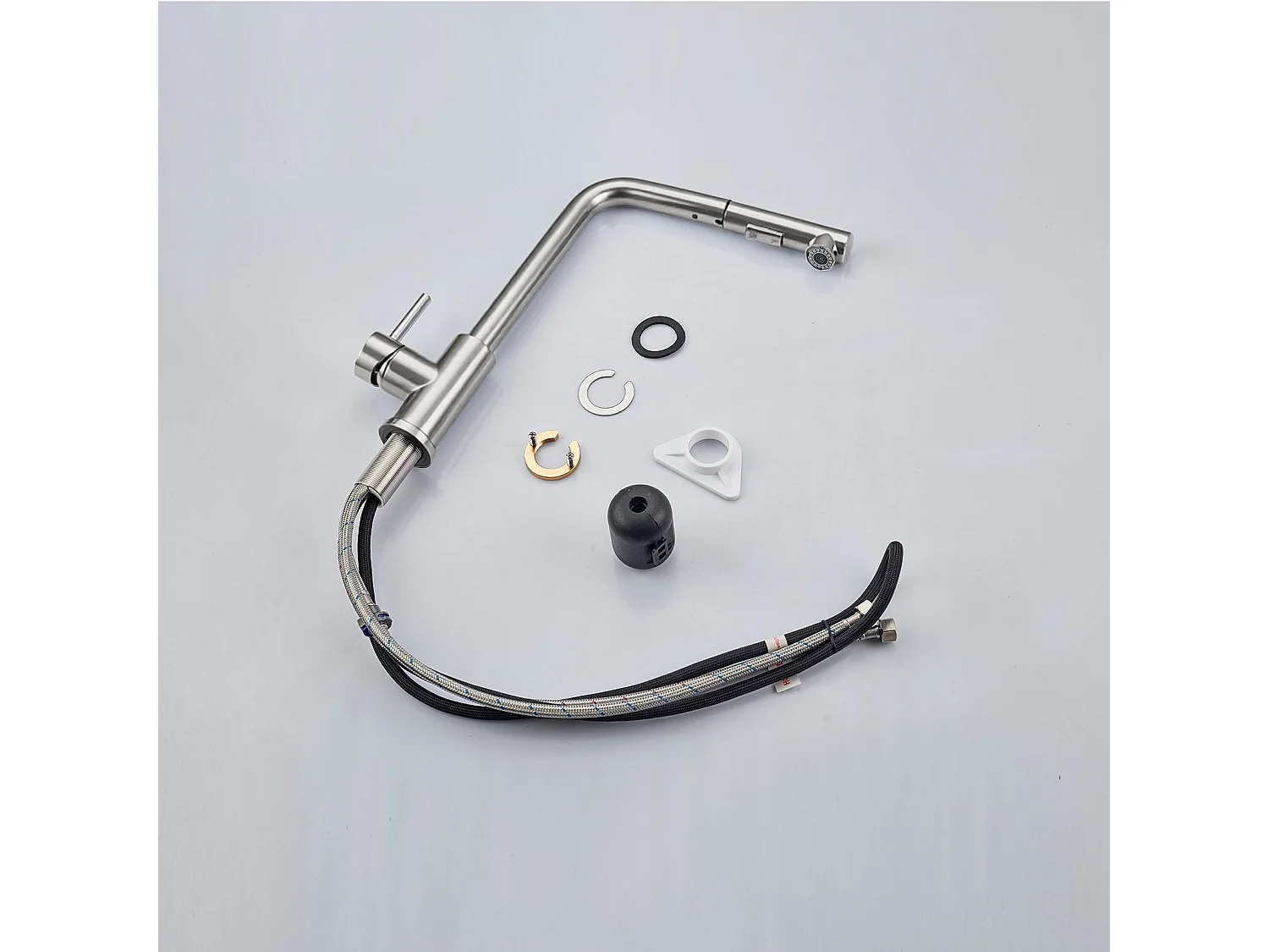 Robinet de Cuisine Haute Pression 304 Inox Douche Extractible 360° 2 Fonctions Spray Finition Brossée