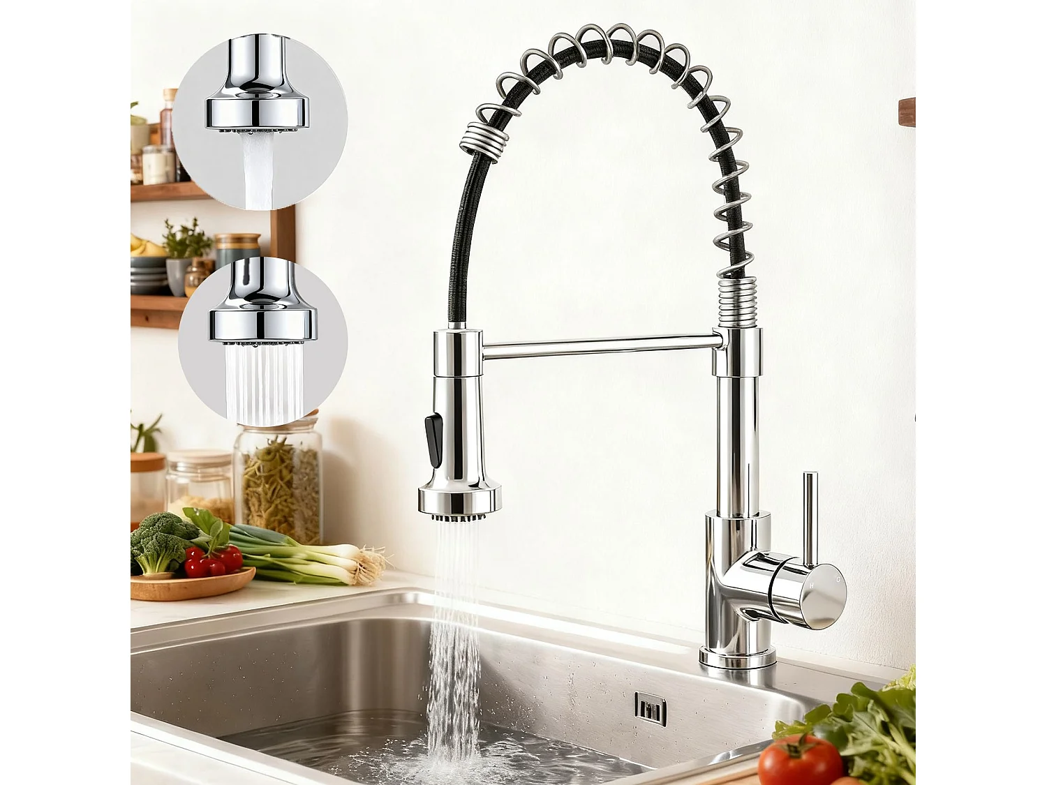 Robinet de Cuisine Haute Pression Mitigeur Amovible 360° Rotatif Ressort Spiralé Finition Chromée