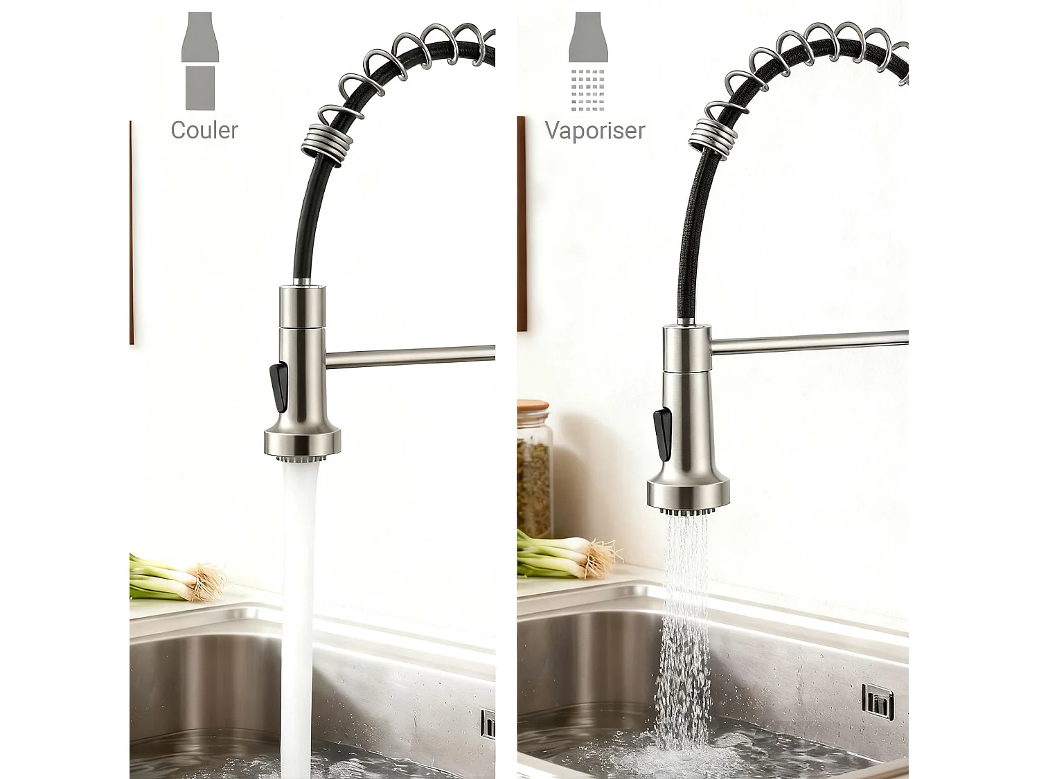 Robinet de Cuisine Haute Pression Mitigeur Amovible 360° Rotatif Ressort Spiralé Finition Chromée
