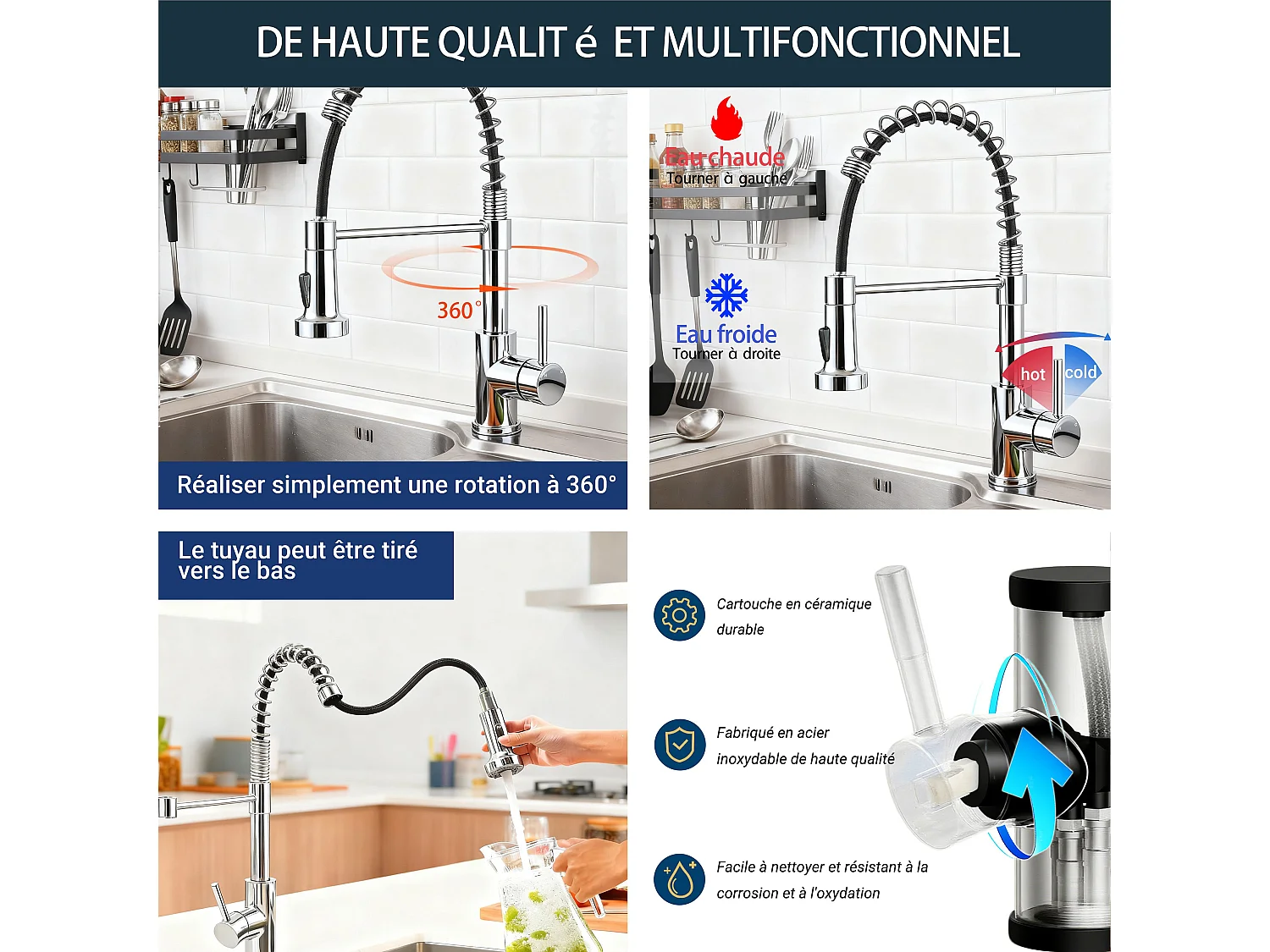 Robinet de Cuisine Haute Pression Mitigeur Amovible 360° Rotatif Ressort Spiralé Finition Chromée