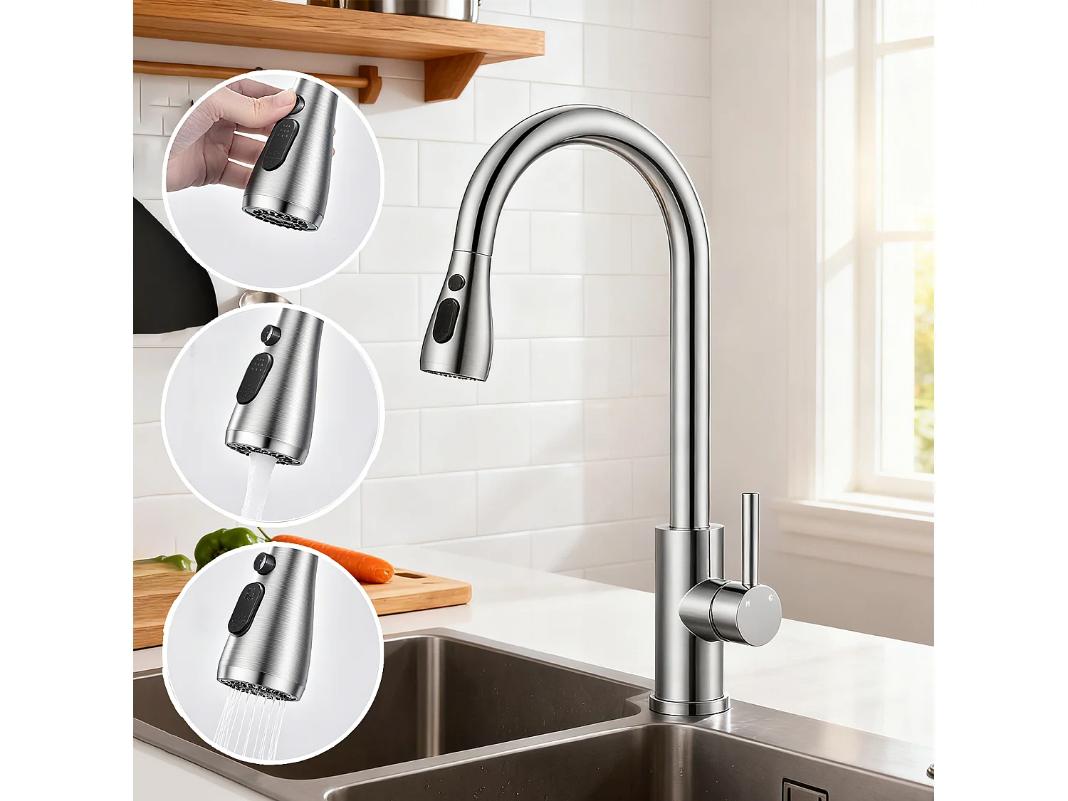 Robinet de Cuisine 2 Modes Débit Eau Extractible 360° Rotatif Mitigeur Monocommande Finition Brossée