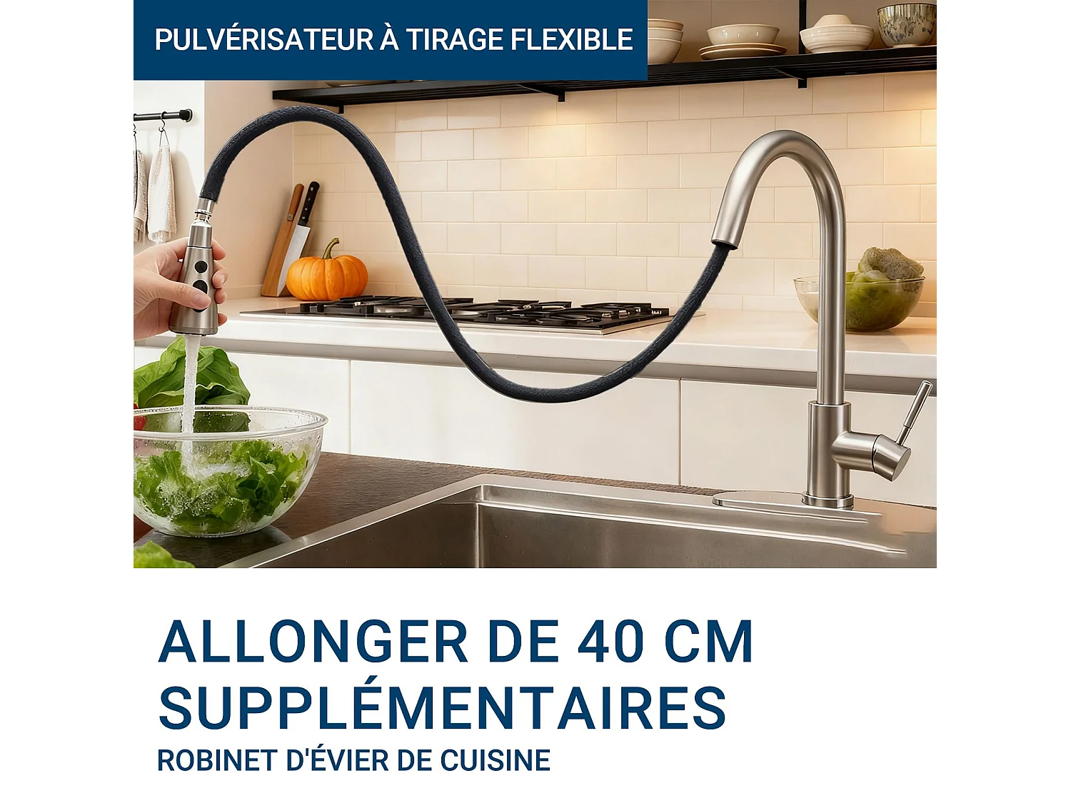 Robinet de Cuisine 2 Modes Débit Eau Extractible 360° Rotatif Mitigeur Monocommande Finition Brossée
