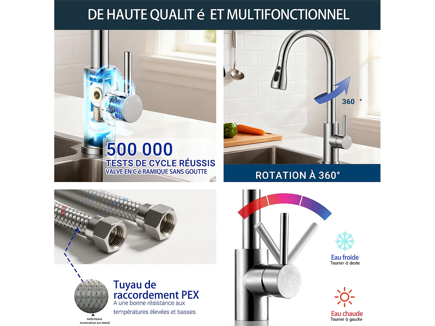Robinet de Cuisine 2 Modes Débit Eau Extractible 360° Rotatif Mitigeur Monocommande Finition Brossée