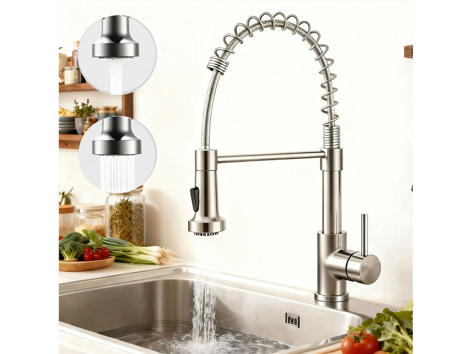 Robinet de Cuisine Haute Pression Mitigeur Amovible 360° Rotatif Ressort Spiralé Finition Brossée