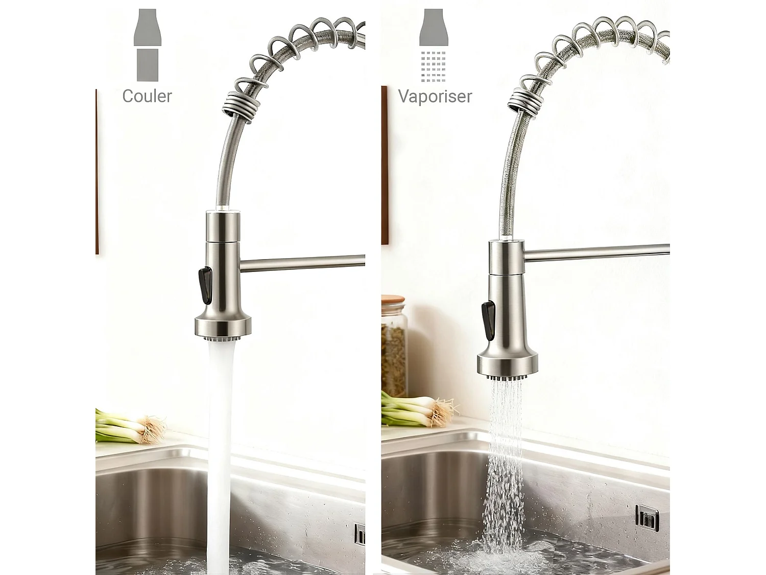Robinet de Cuisine Haute Pression Mitigeur Amovible 360° Rotatif Ressort Spiralé Finition Brossée