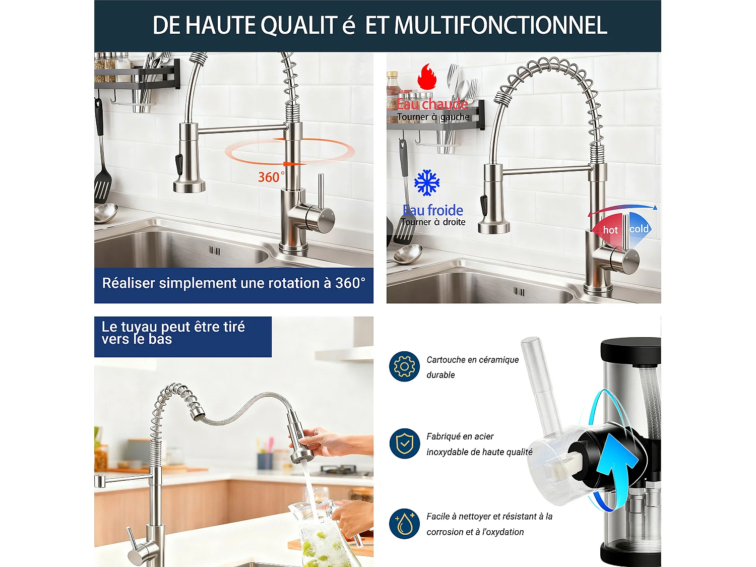 Robinet de Cuisine Haute Pression Mitigeur Amovible 360° Rotatif Ressort Spiralé Finition Brossée